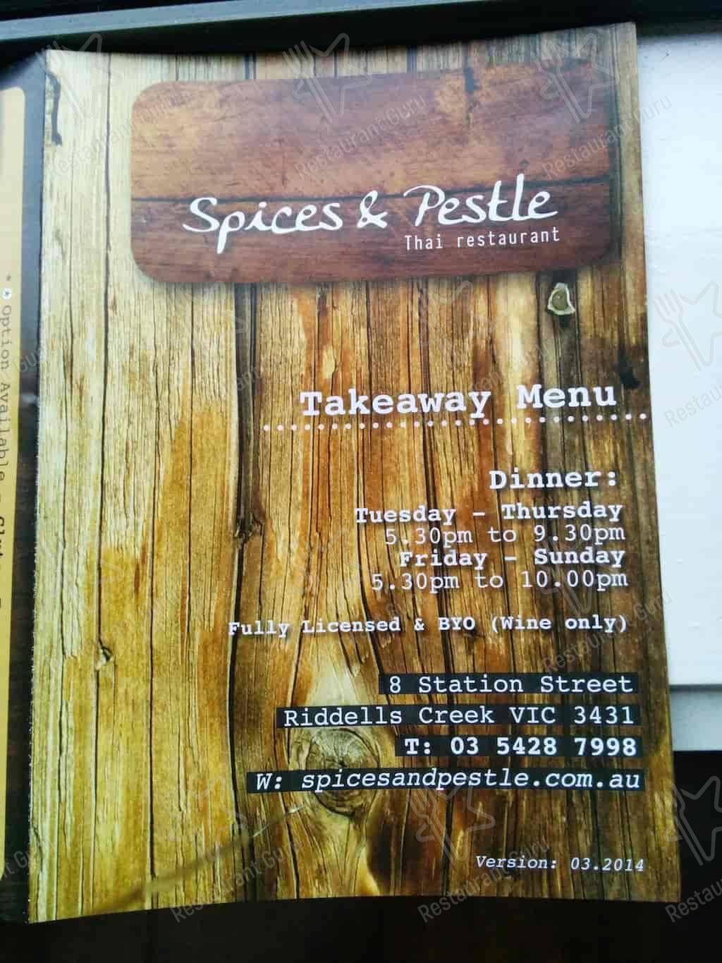 Menu at Spices & Pestle restaurant, Riddells Creek