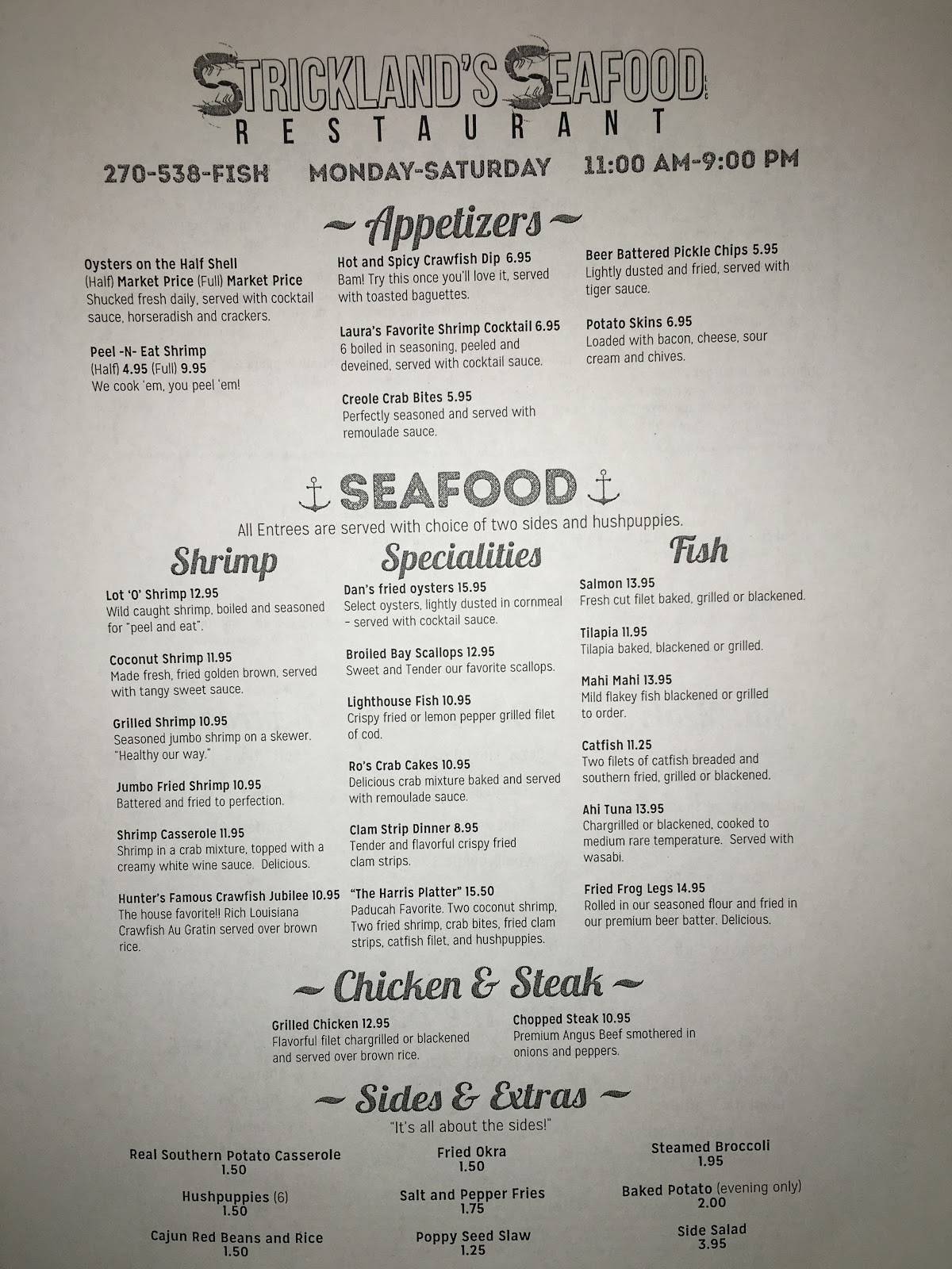 Menu at Strickland's Seafood Restaurant, Paducah