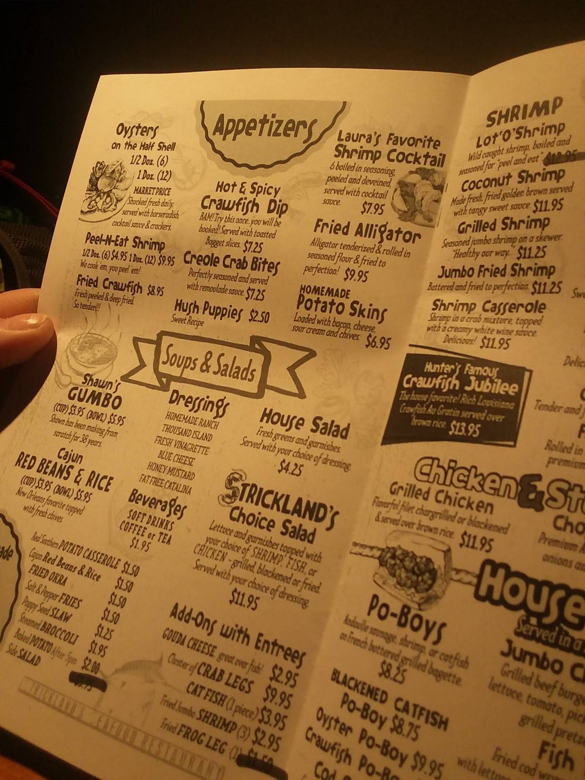 Menu at Strickland's Seafood Restaurant, Paducah