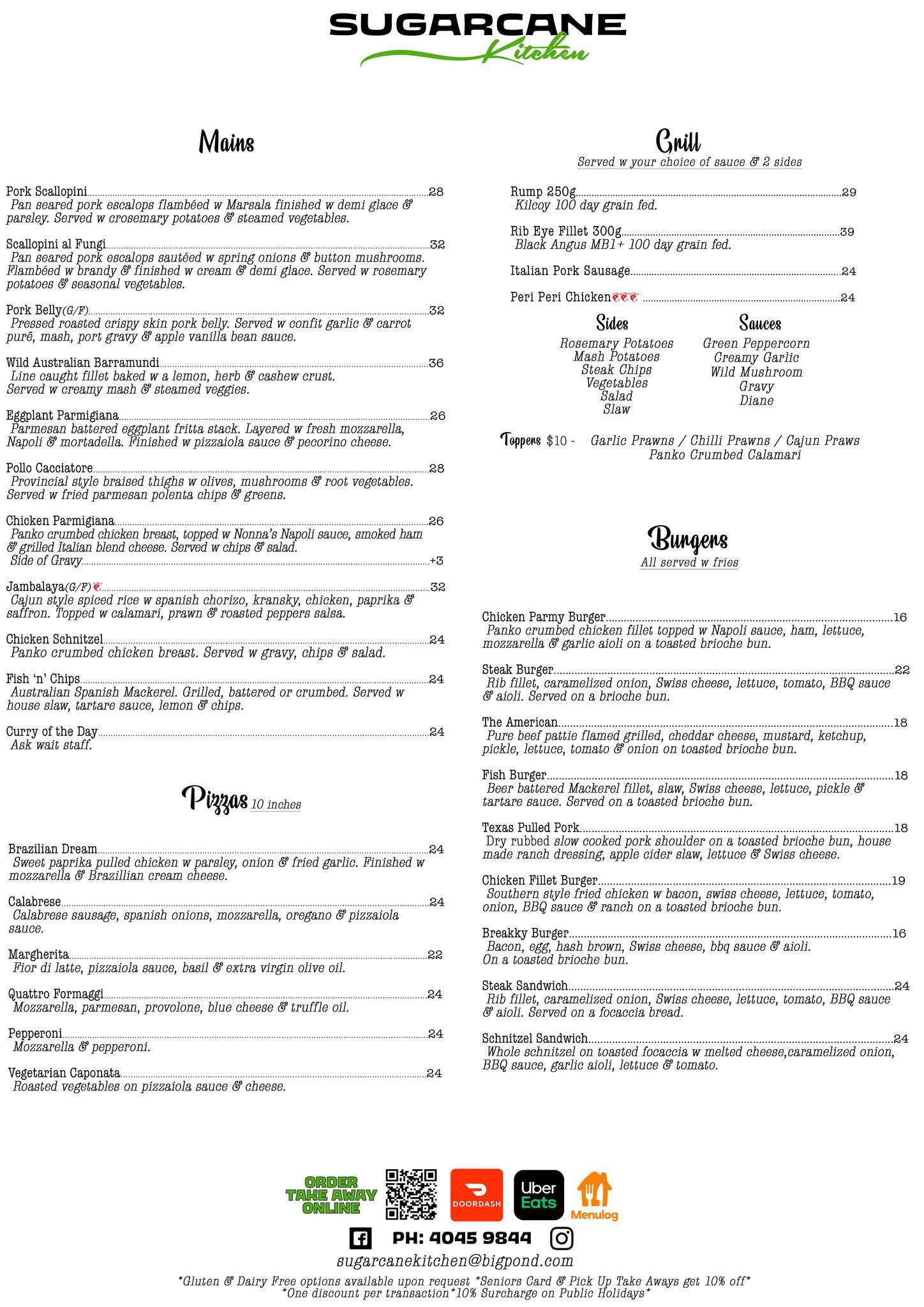 Menu at Sugarcane Kitchen restaurant, Edmonton