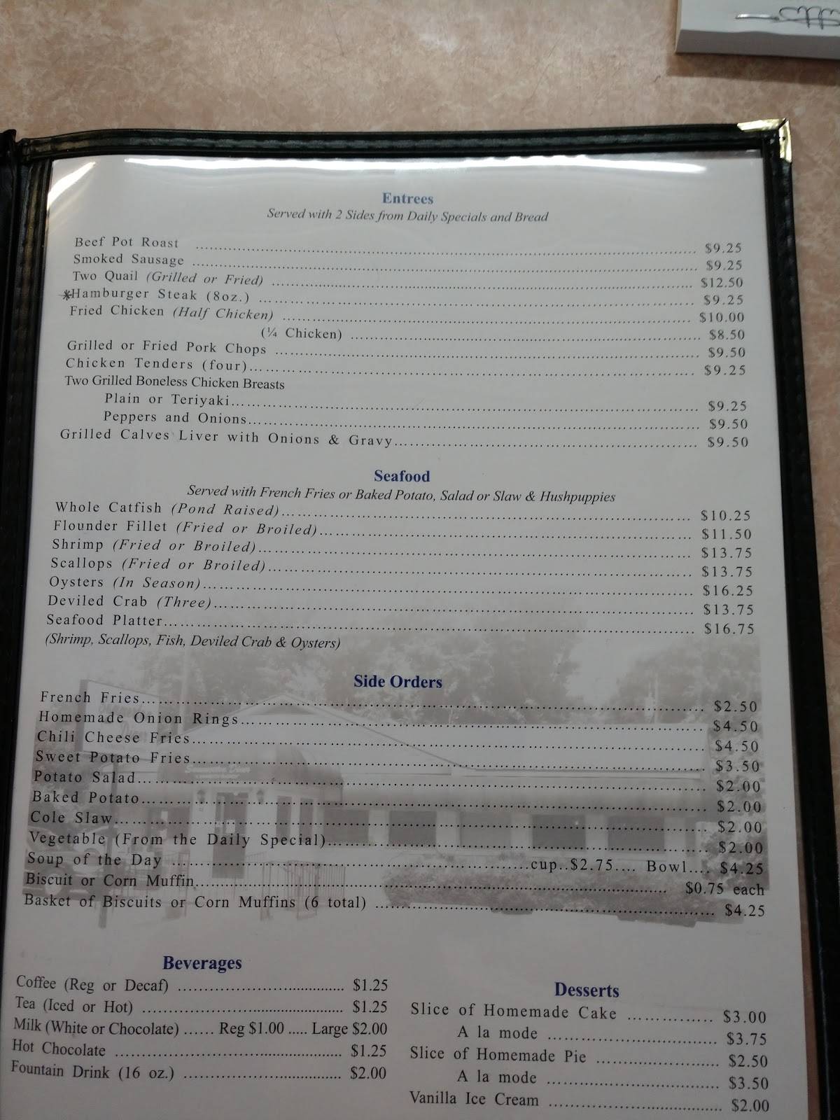 Menu at Summerton Diner restaurant, Summerton