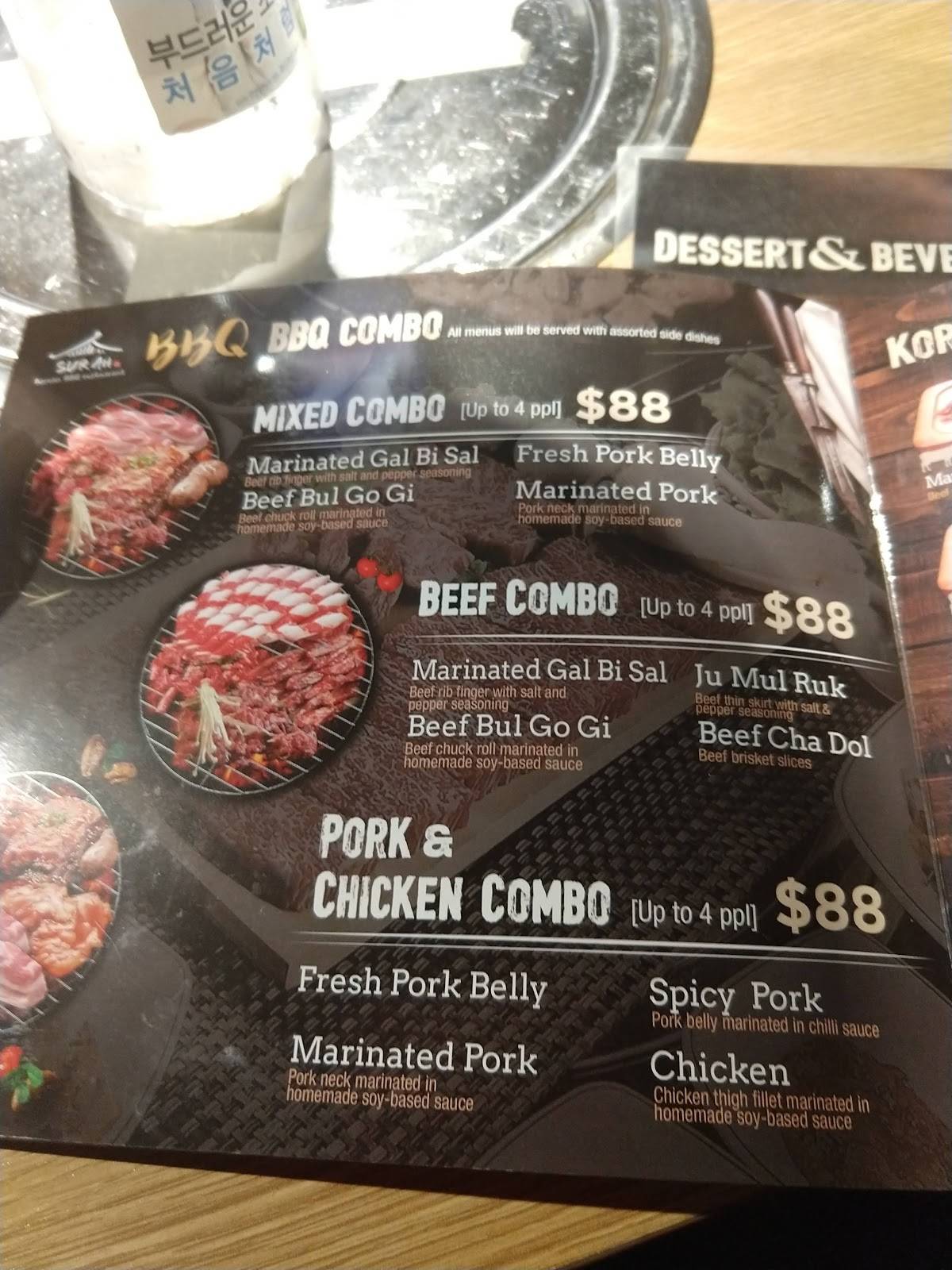 Menu at Surah Korean BBQ, Nowra