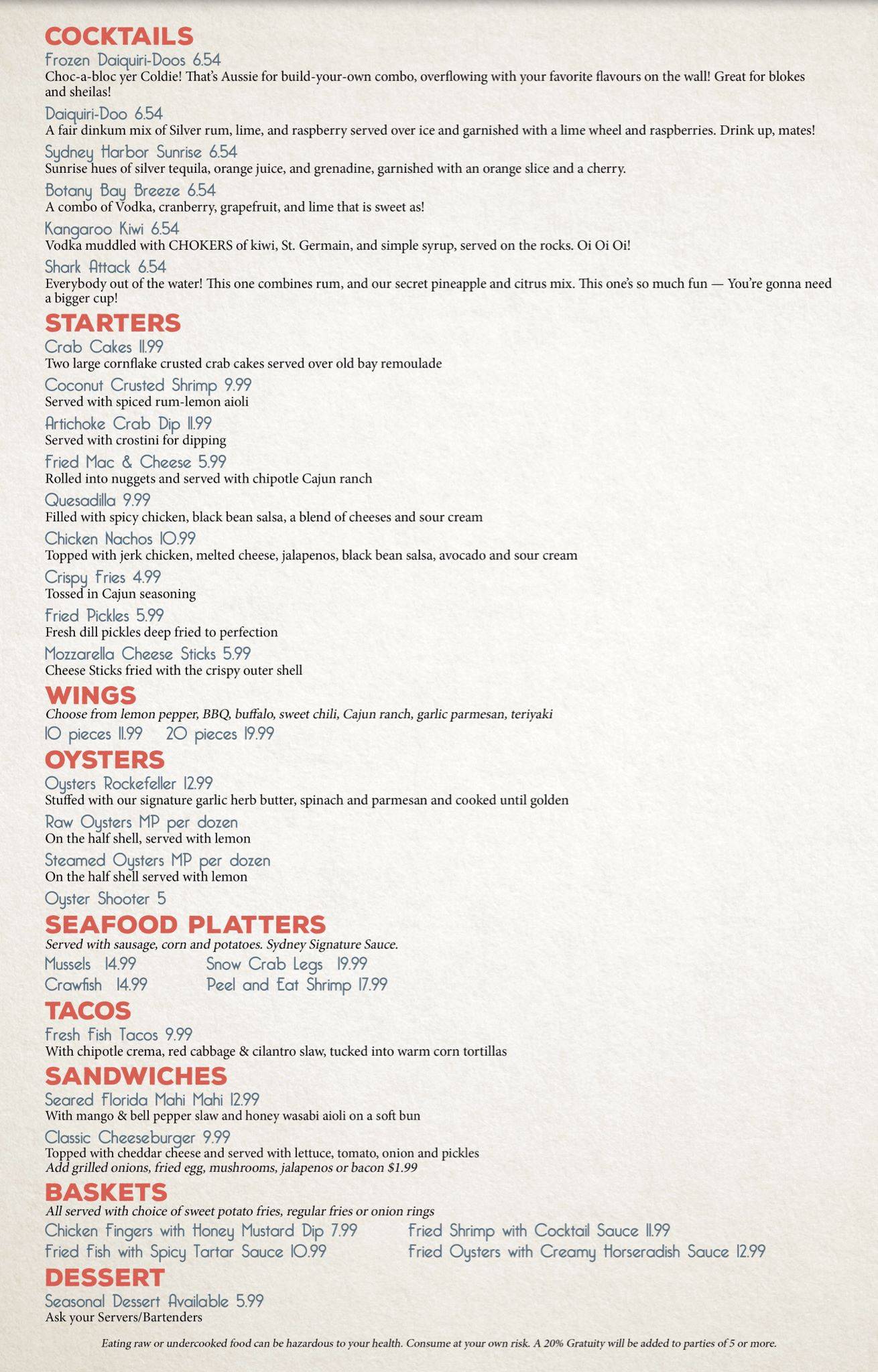 Carta de Sydney Australian Beach Club “Blue Water Daiquiri and Oyster