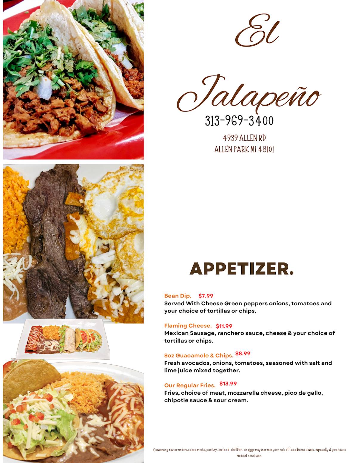 Menu at Taqueria El Jalapeño restaurant, Allen Park