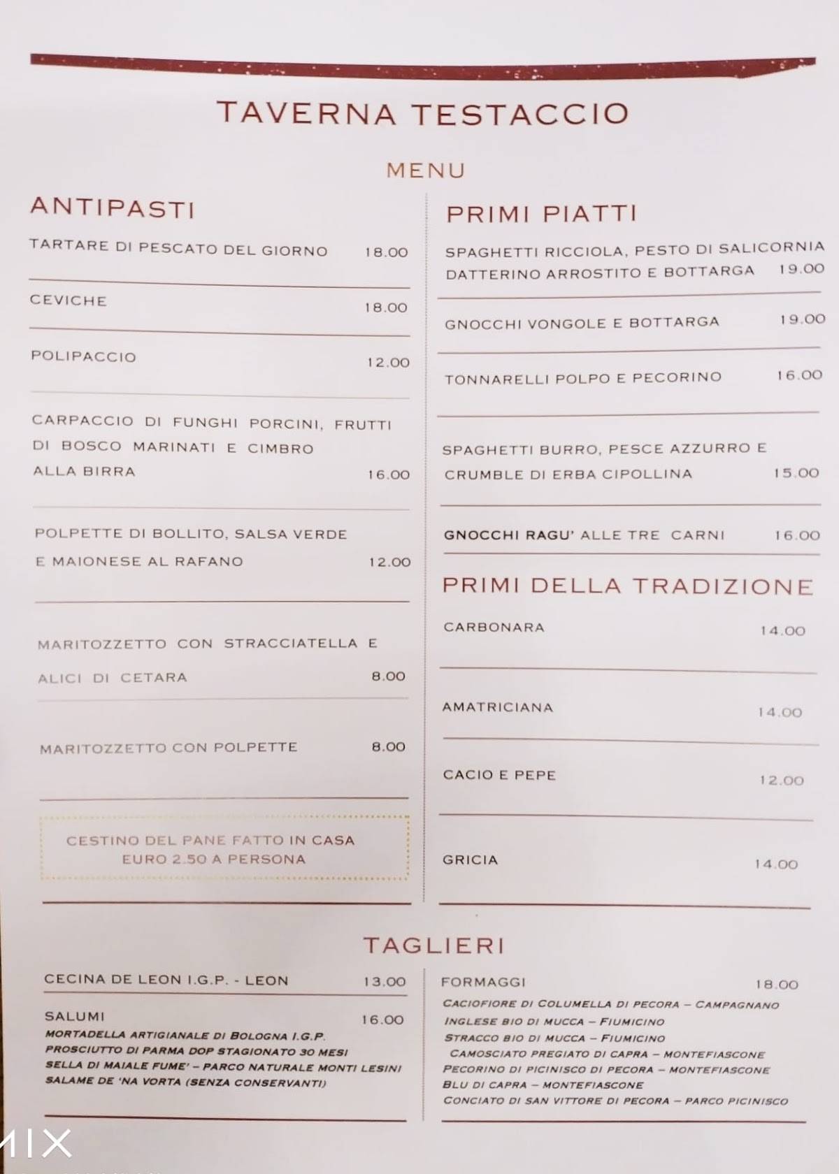Menu at Taverna Testaccio restaurant, Rome