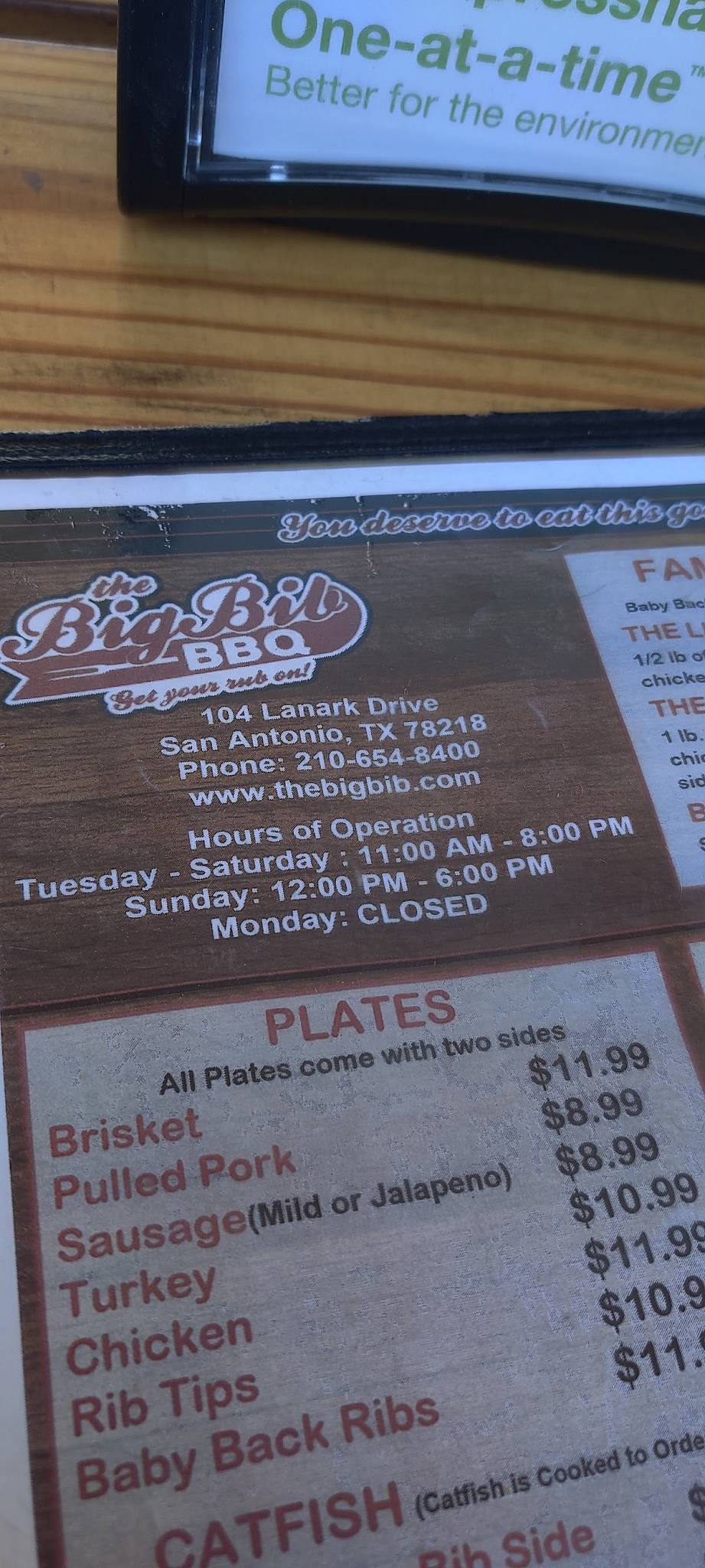 Menu at The Big Bib BBQ, San Antonio, 104 Lanark Dr