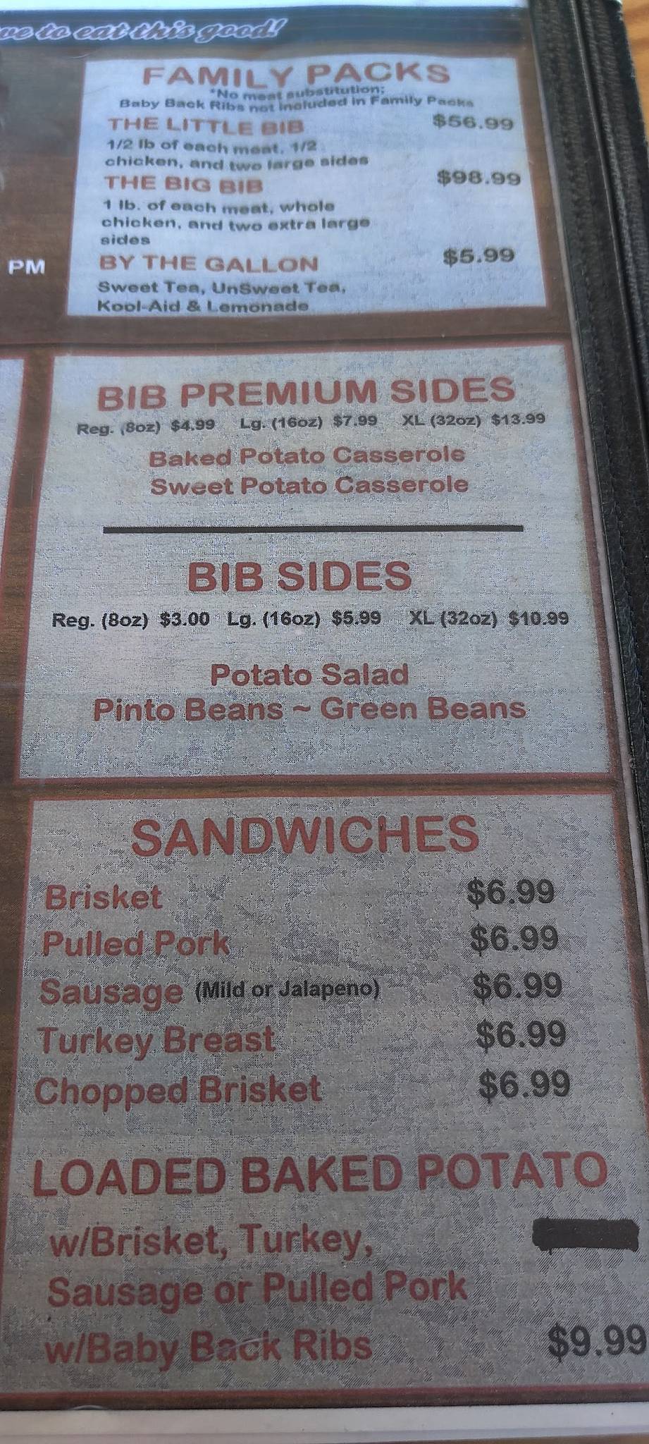 Menu at The Big Bib BBQ, San Antonio, 104 Lanark Dr