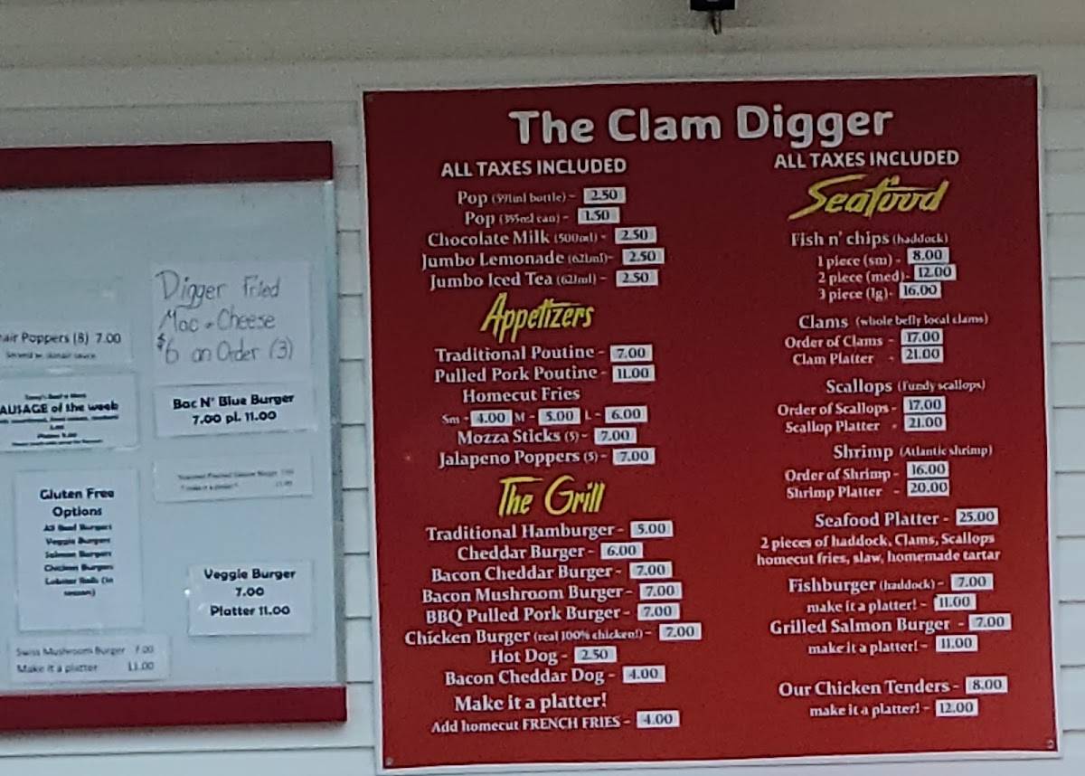 Menu at The Clam Digger restaurant, Chamcook, NB127