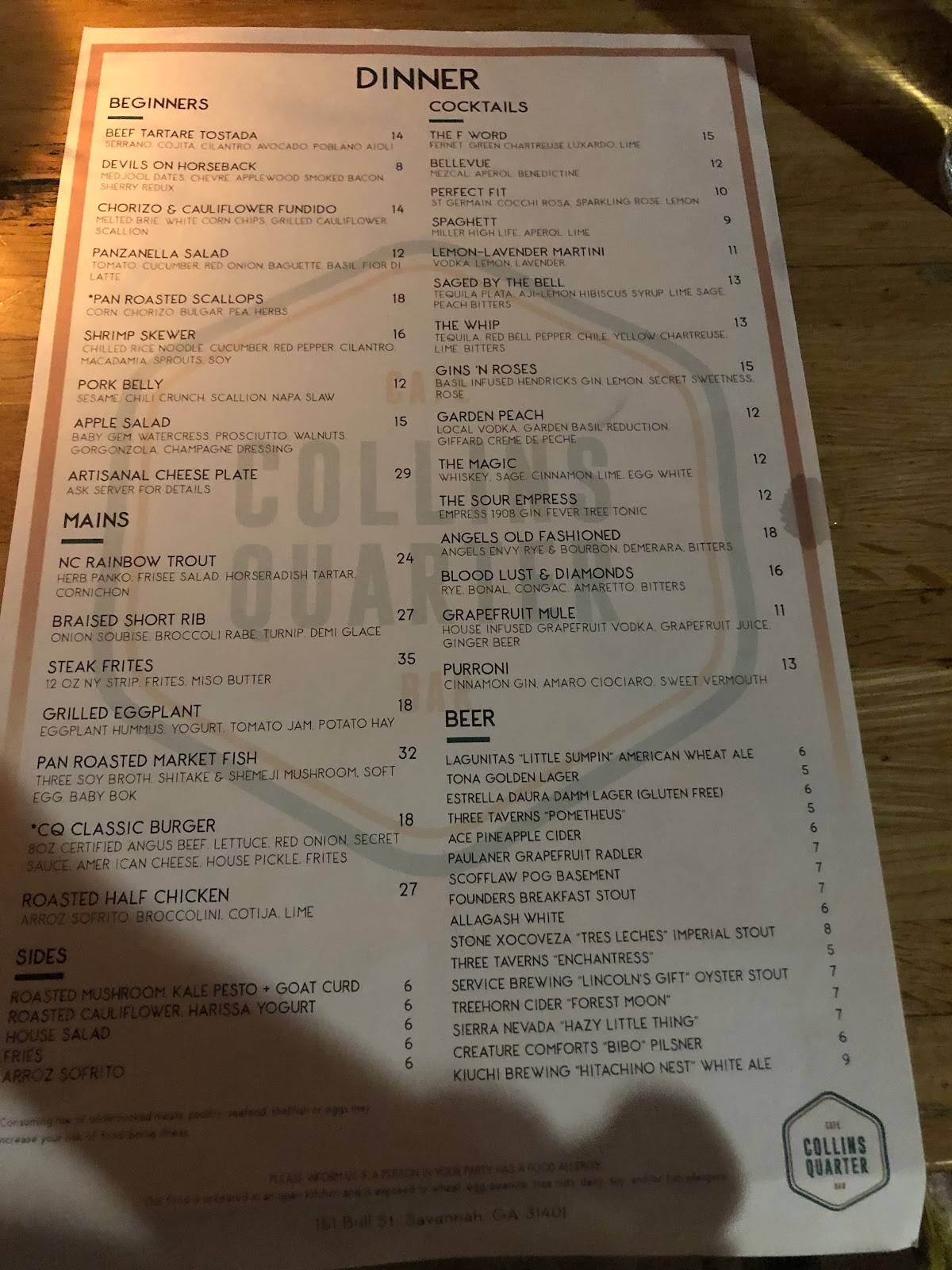 Menu at The Collins Quarter cafe, Savannah, 151 Bull St