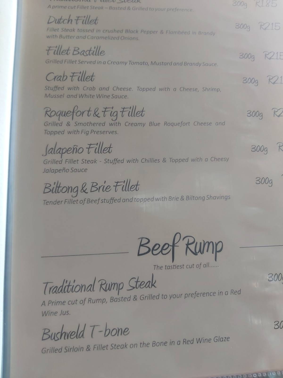 Menu at The Hat & Creek restaurant, Hoedspruit