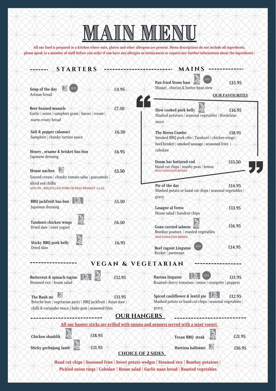 Menu at The Horns Inn, Slitting Mill pub & bar, Rugeley