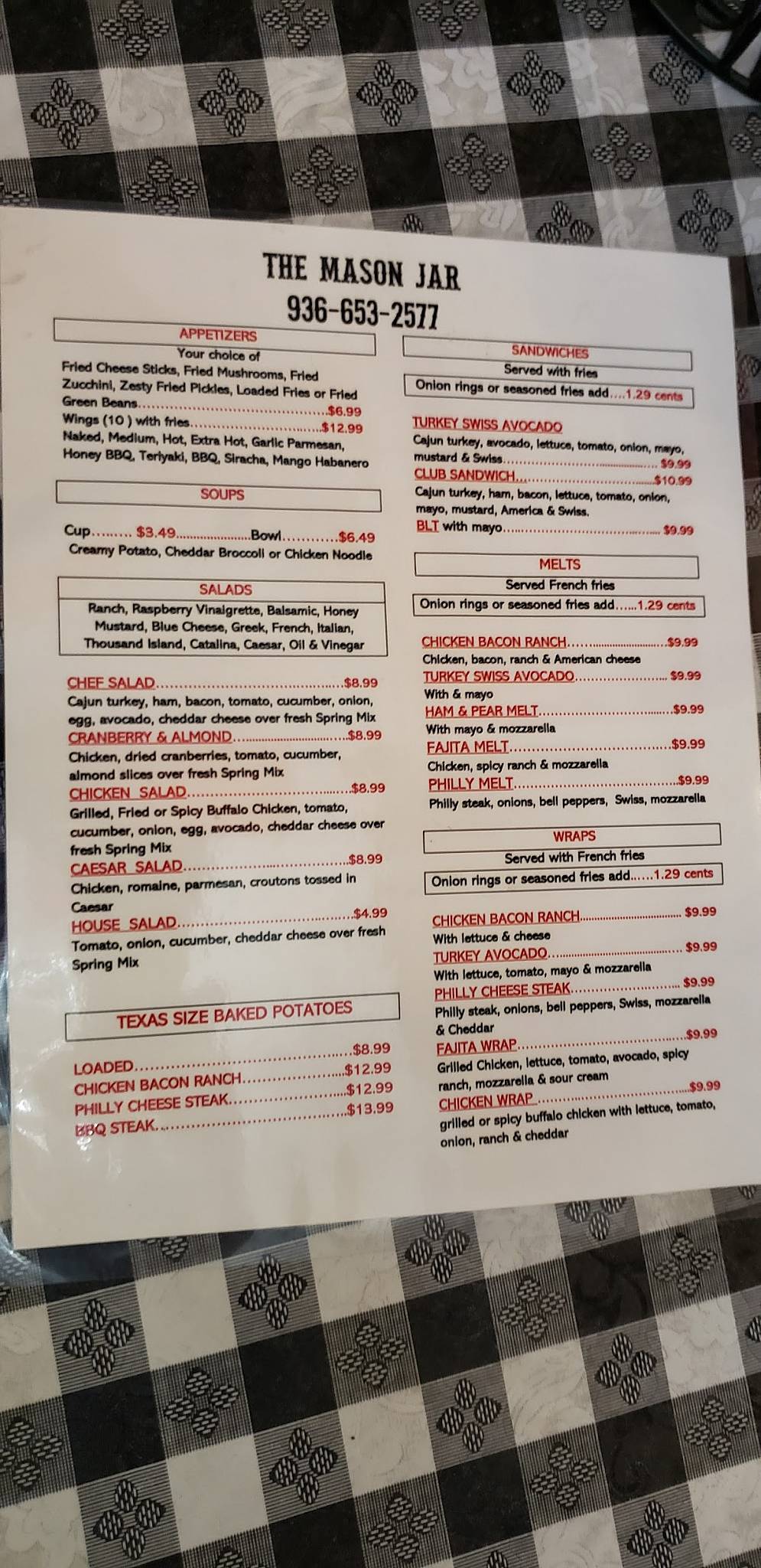 Menu at The Mason Jar Bar & Grill, Coldspring