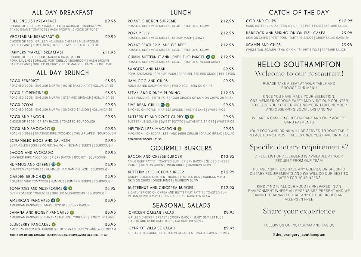 Menu at The Orangery Tea House, The Garden Society restaurant, Southampton