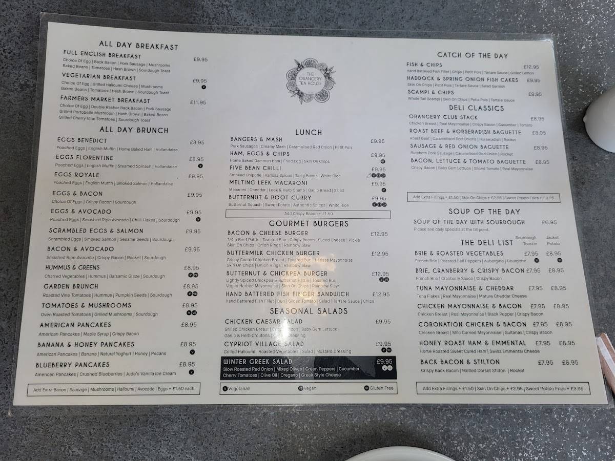 Menu at The Orangery Tea House, The Garden Society restaurant, Southampton