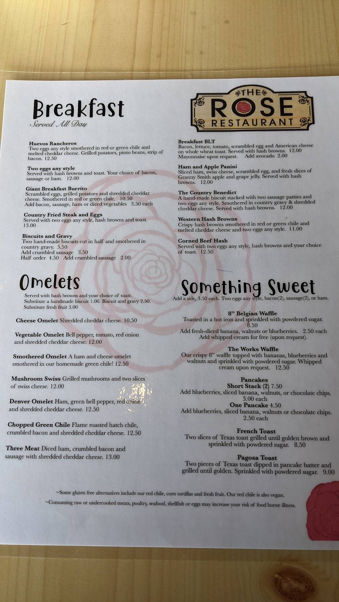 Menu at The Rose cafe, Pagosa Springs, 408 Pagosa St