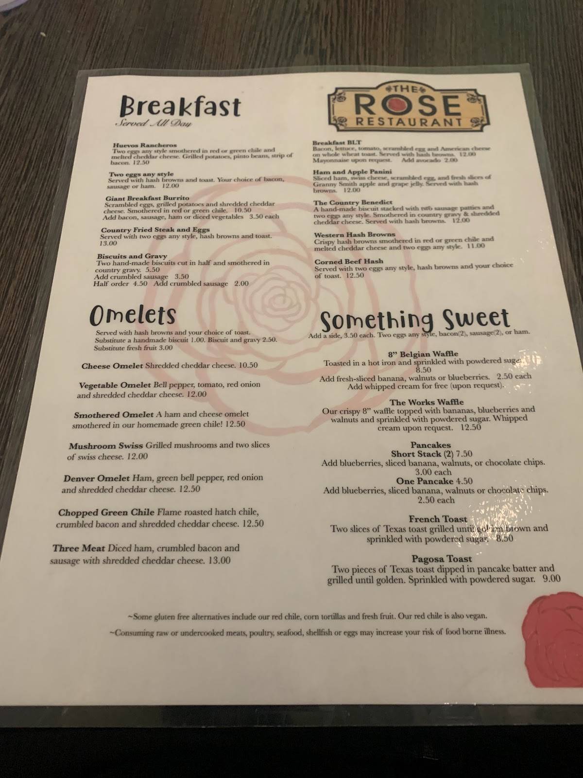 Menu at The Rose cafe, Pagosa Springs, 408 Pagosa St