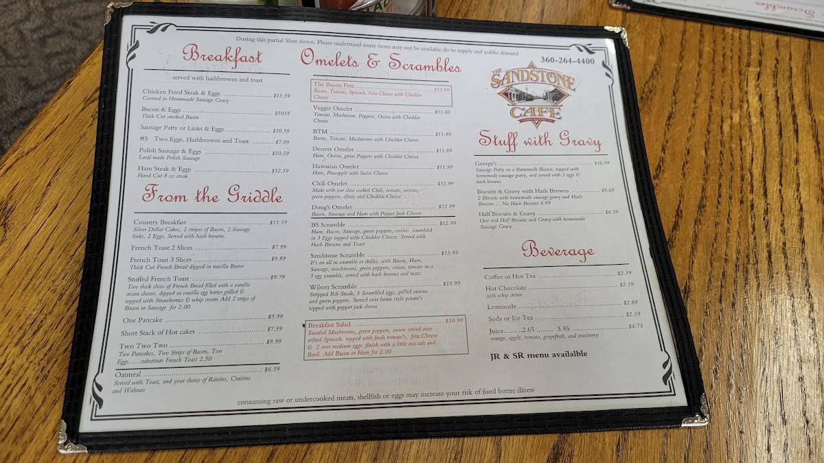 Menu at The Sandstone Cafe, Tenino