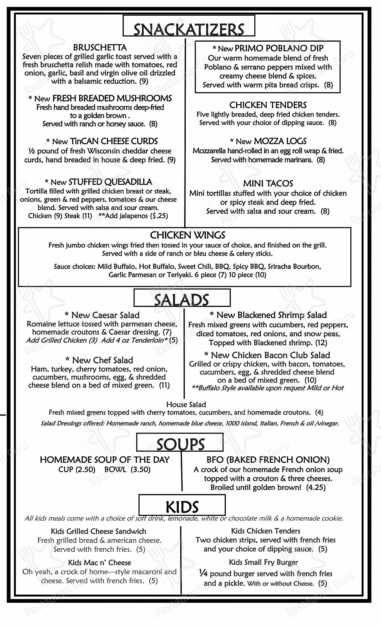 Menu at TinCAN Roadhouse pub & bar, Union Grove