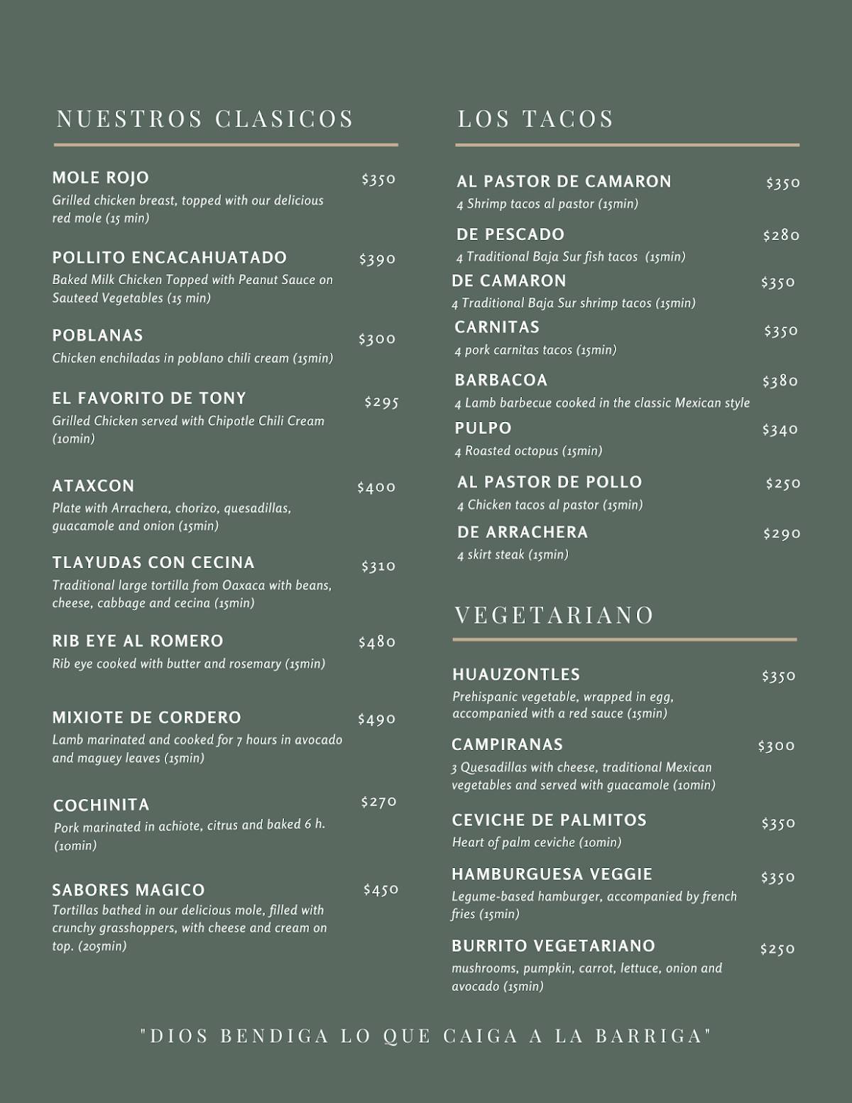Carta de Landi's Restaurant, Todos Santos, Calle Juarez Topete e Hidalgo
