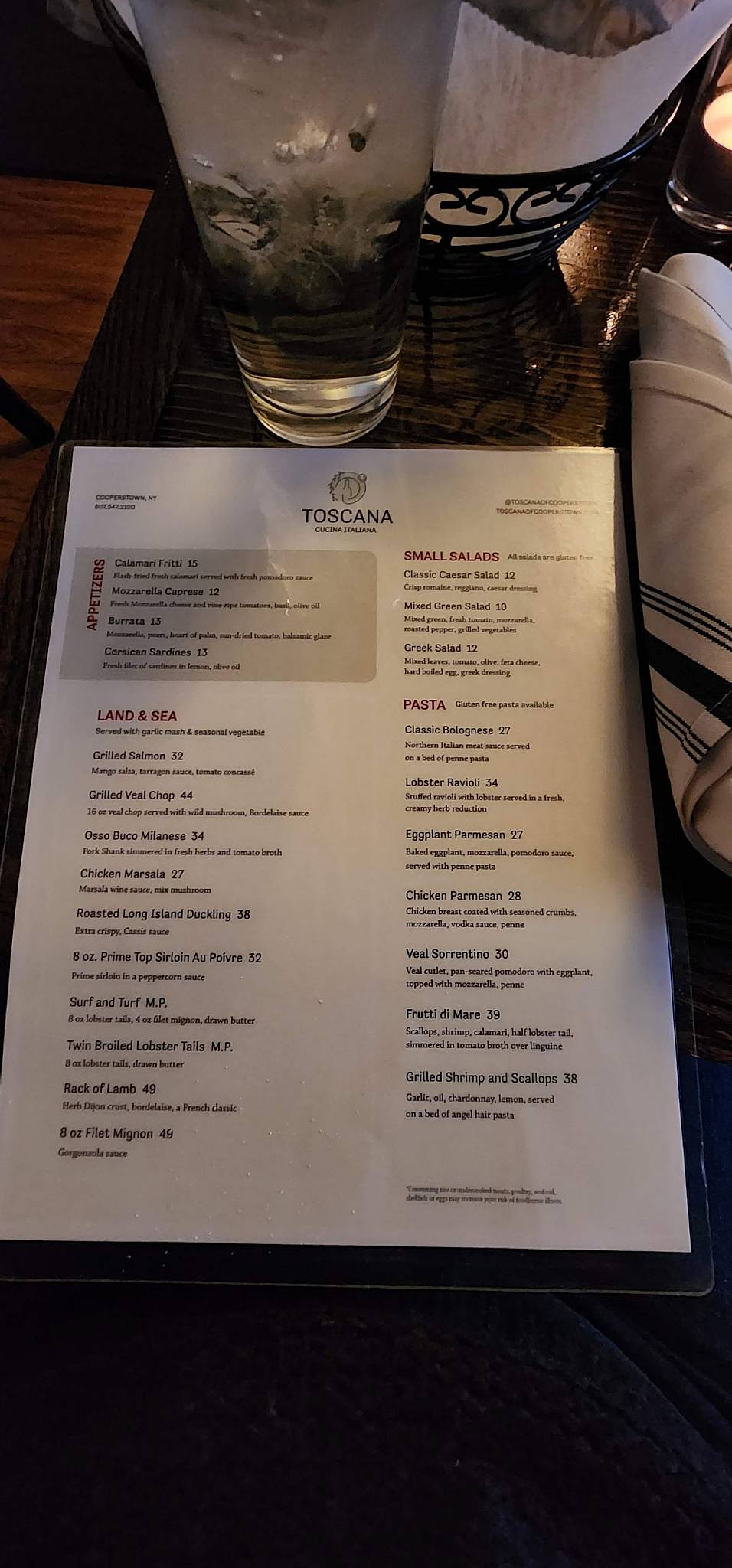 Menu at Toscana of Cooperstown pub & bar, Cooperstown