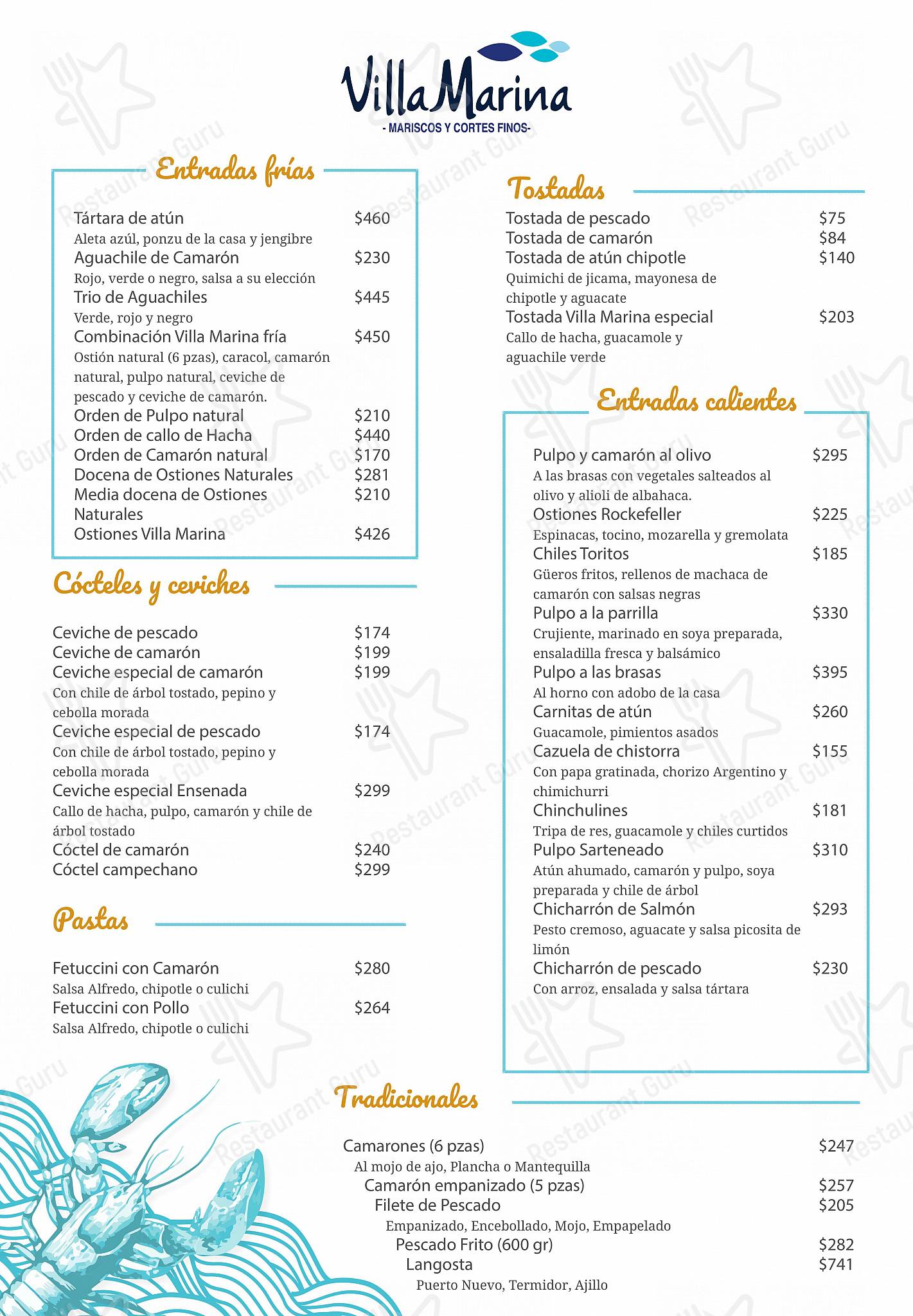 Carta de Villa Marina Restaurante Tijuana, Tijuana, P.º de los Héroes 4449