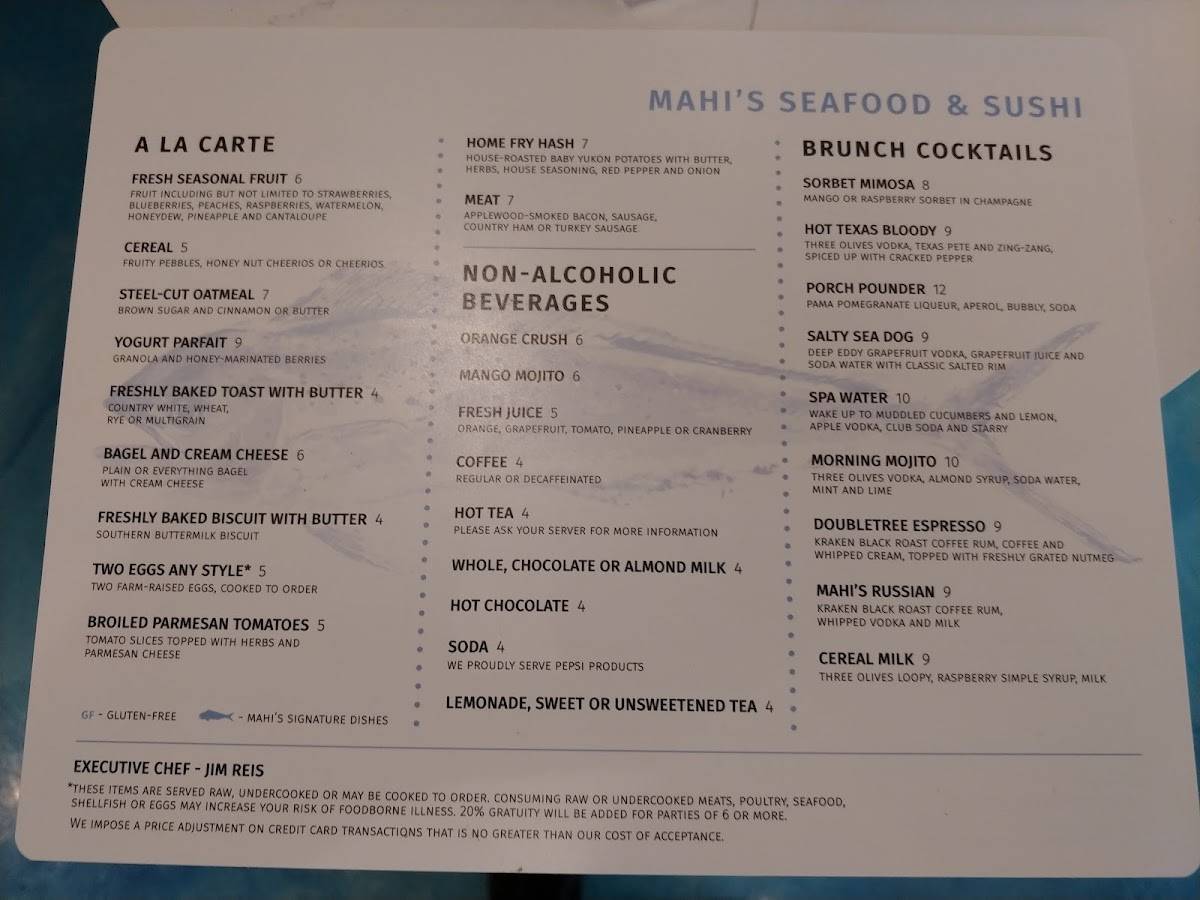 Menu at Mahi's restaurant, Virginia Beach