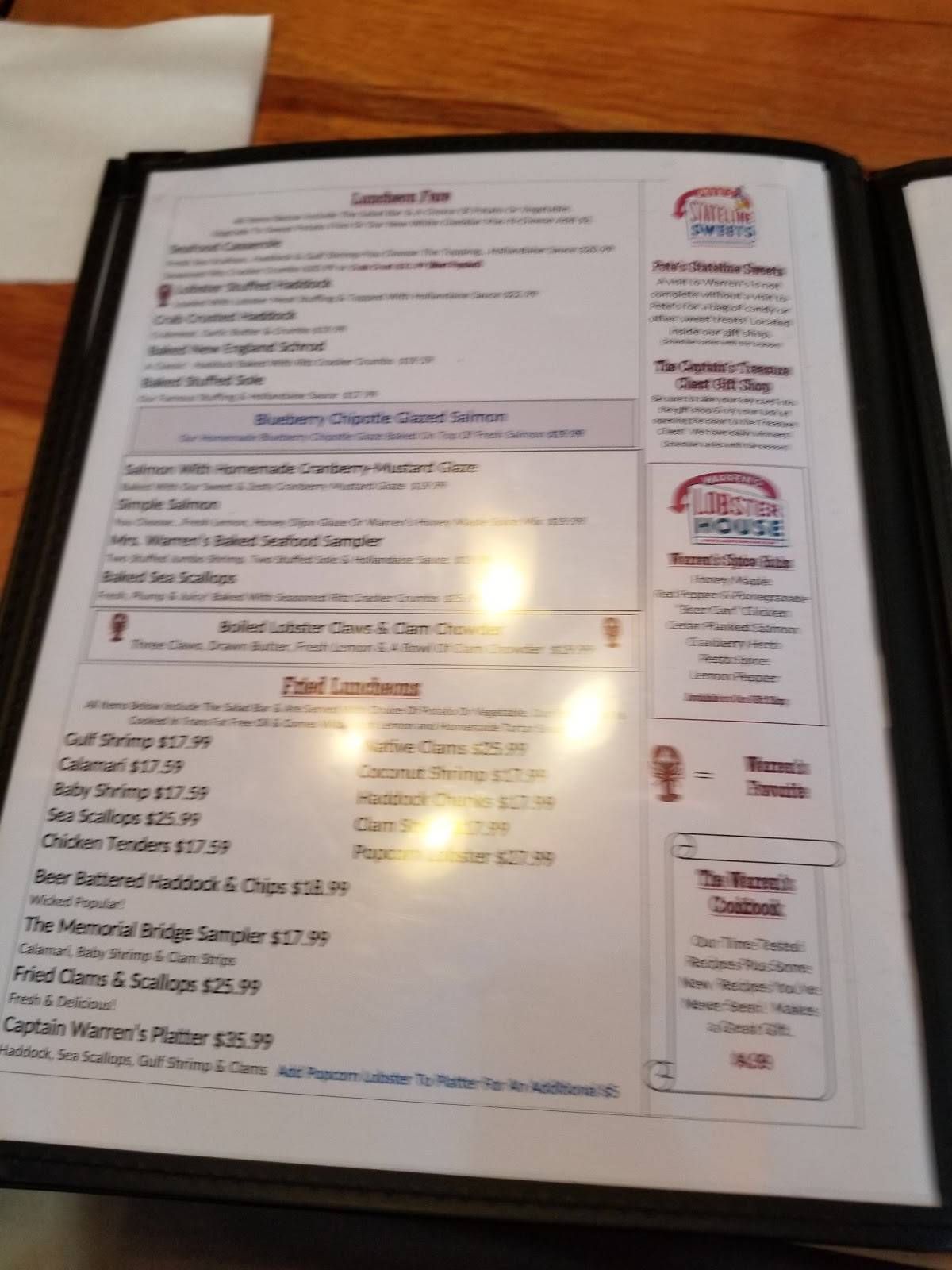 Menu at Warren's Lobster House restaurant, Kittery