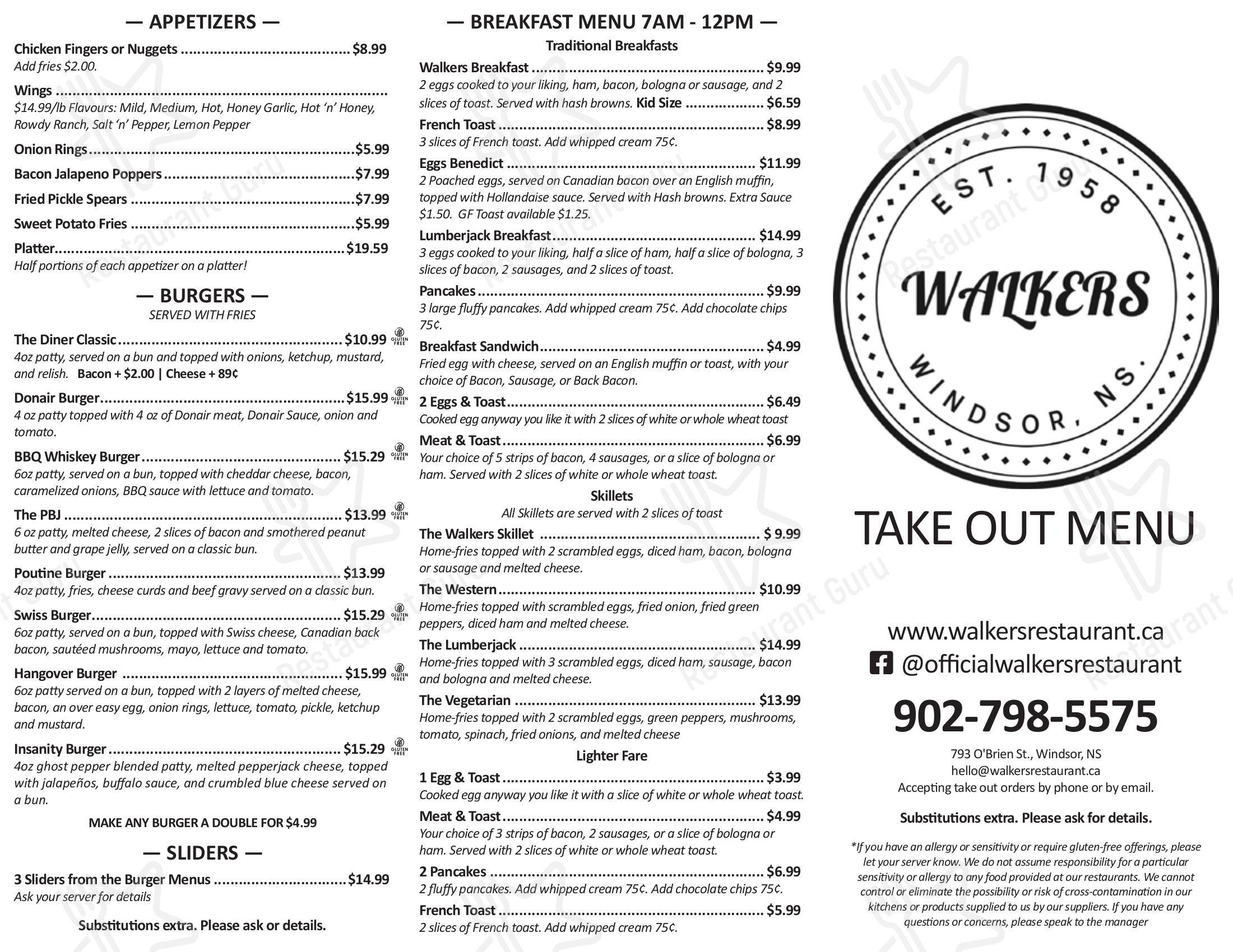Menu at Walkers Restaurant, Windsor