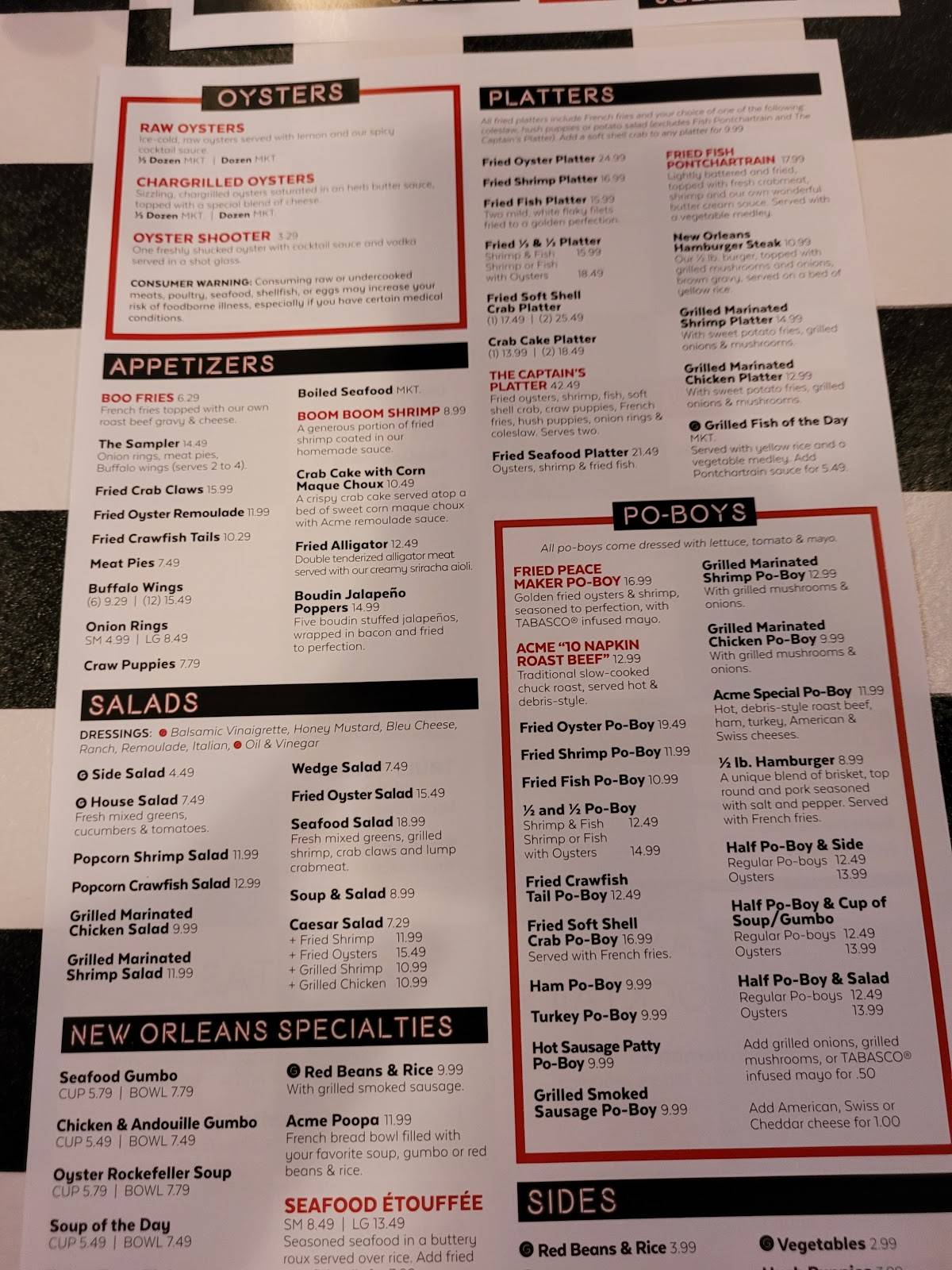 Menu at Acme Oyster House restaurant, Baton Rouge, Perkins Rd
