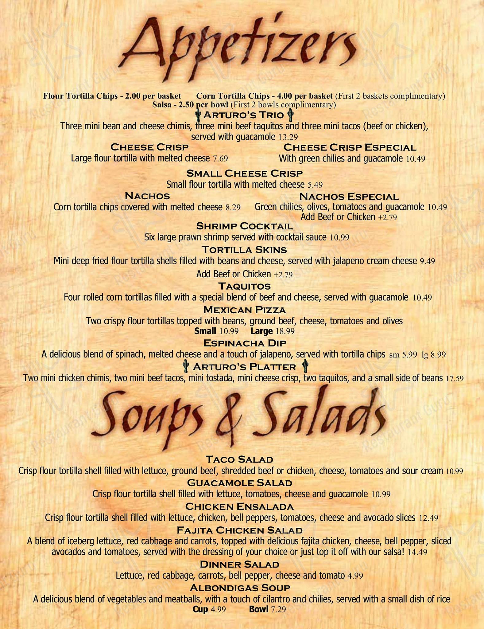 Menu at Arturo's Mexican Restaurant, Chino Valley, 900 AZ89