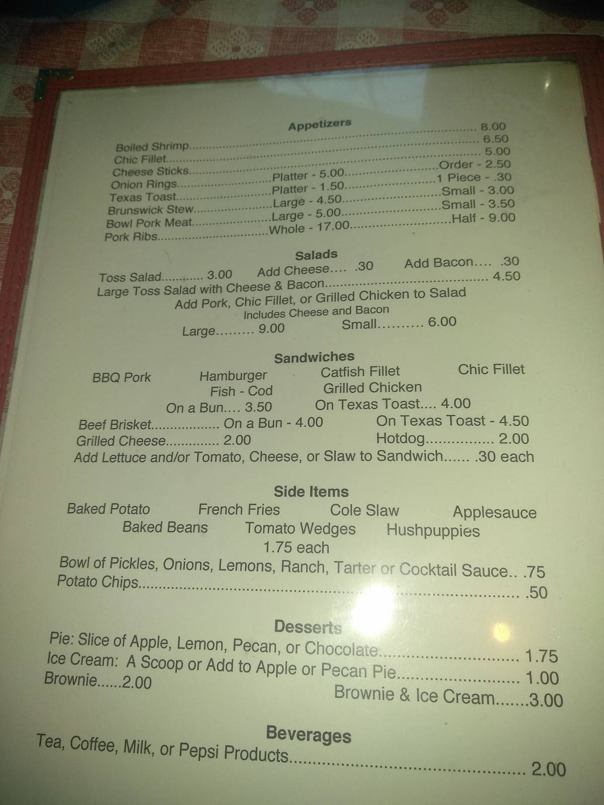 Menu at Gumlog Bar B Que & Fish Lodge, Lavonia