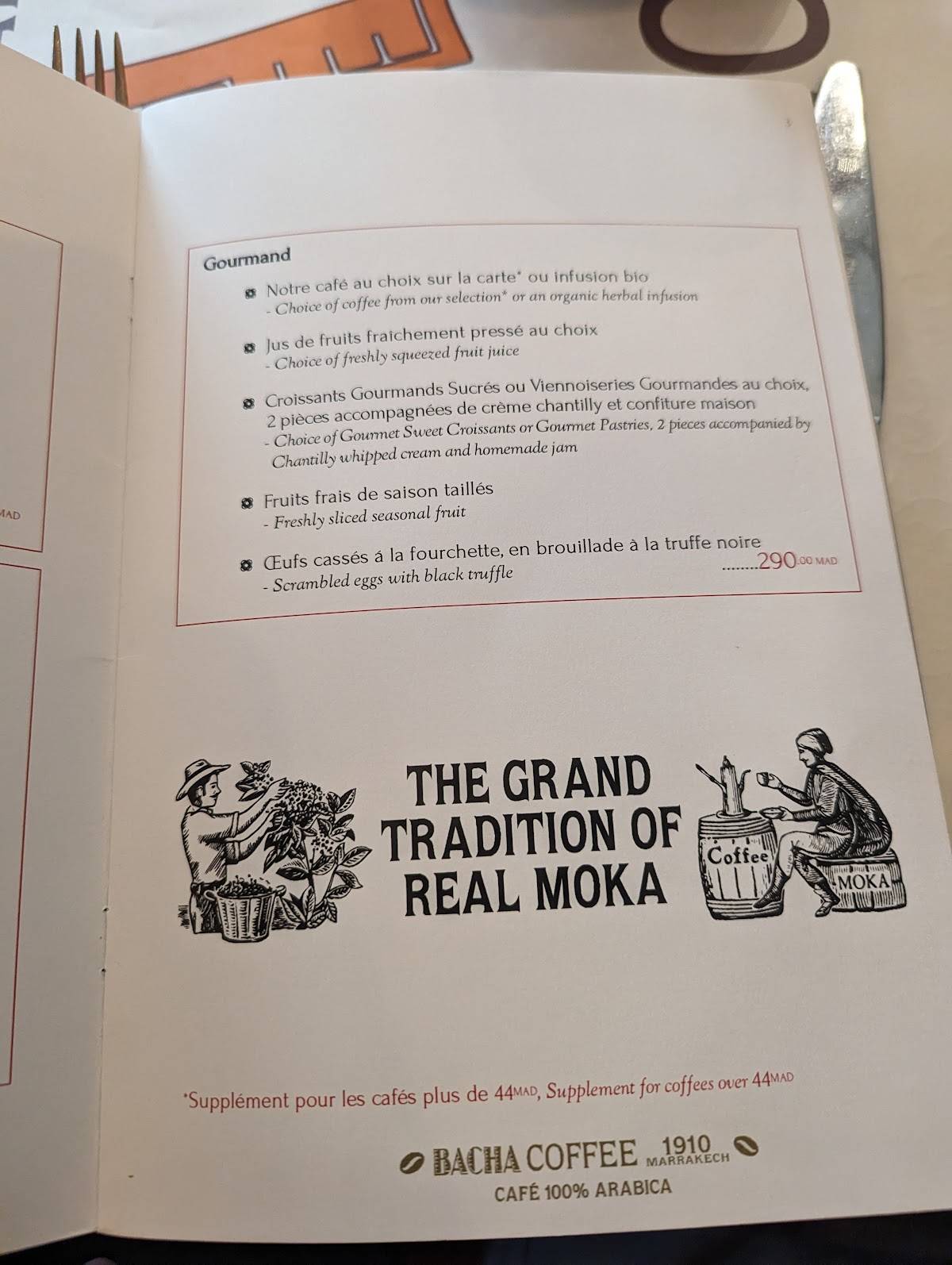 Menu at Bacha Coffee cafe, Marrakesh
