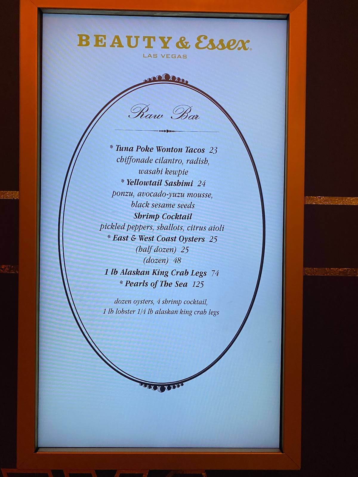 Menu at Beauty & Essex pub & bar, Las Vegas