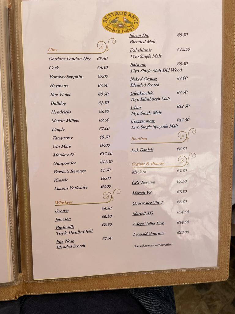 Menu at Birds Nest Restaurant, Boliqueime, R. de Tenoca Tenoca