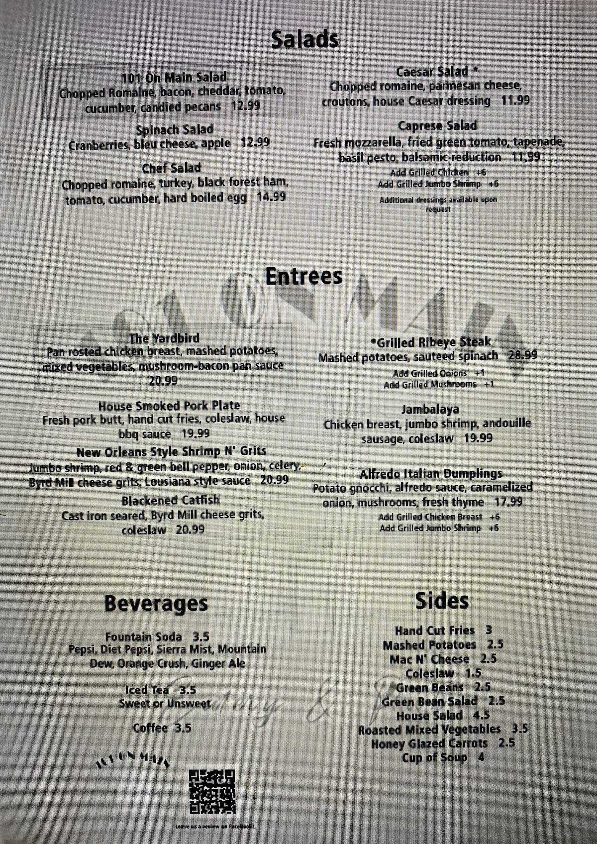 Menu at 101 on Main Eatery and Pub (formerly Corner Kitchen), Blackstone