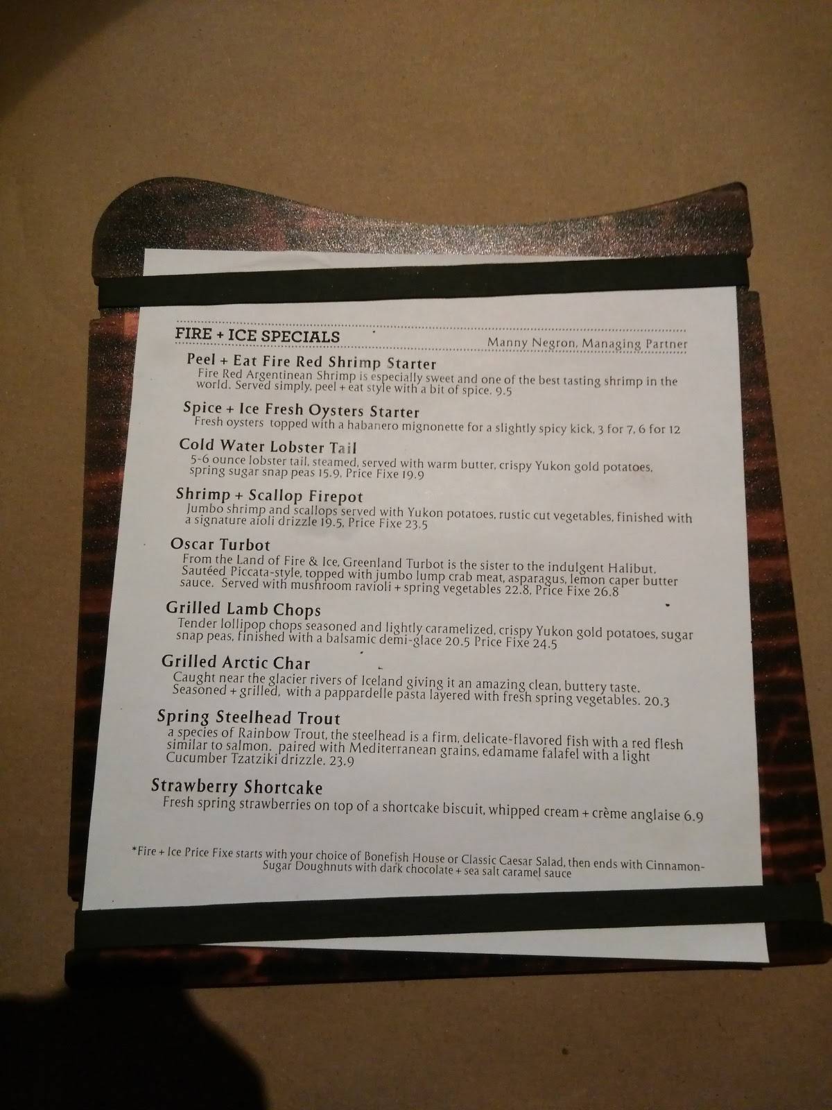 Menu at Bonefish Grill restaurant, Ocala