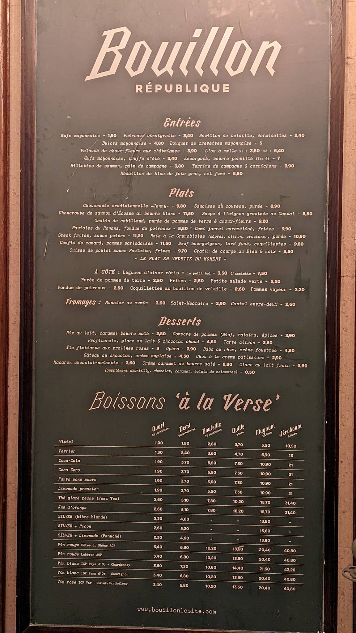 Menu au Bouillon République, Paris