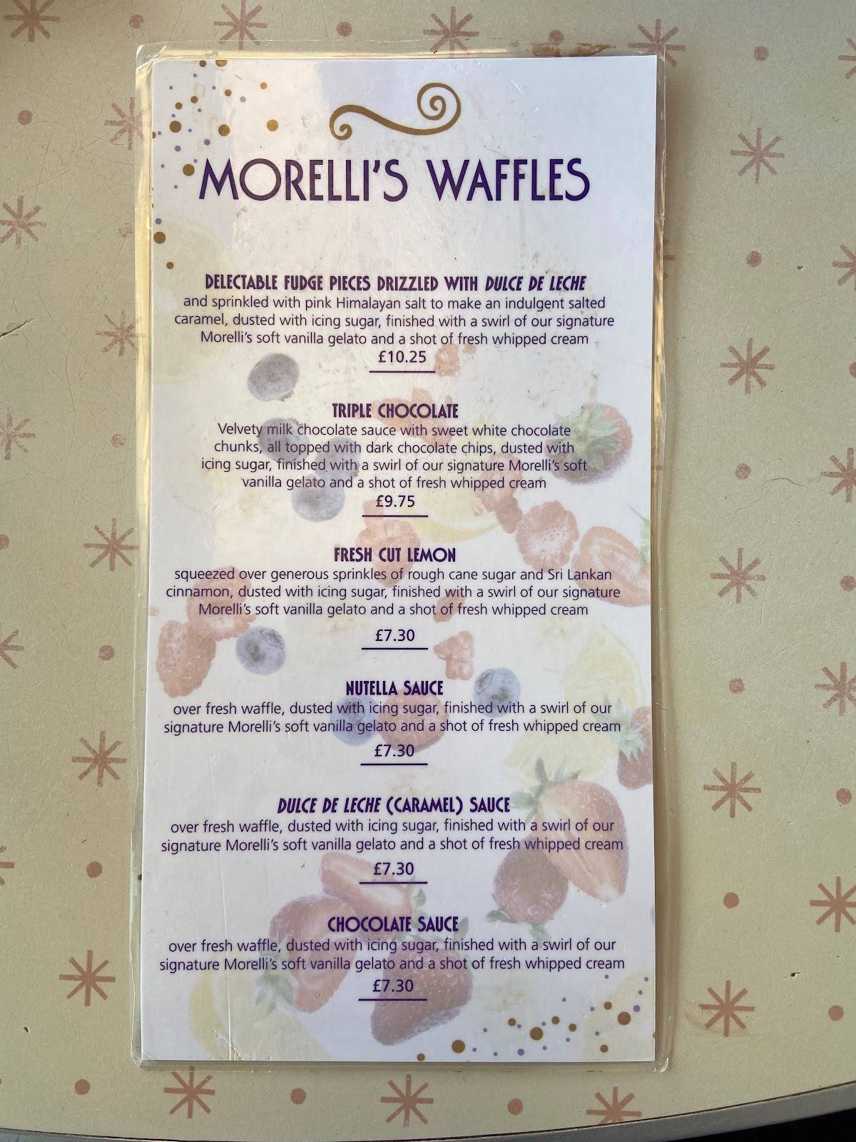 Menu at Morelli's Gelato cafe, Broadstairs