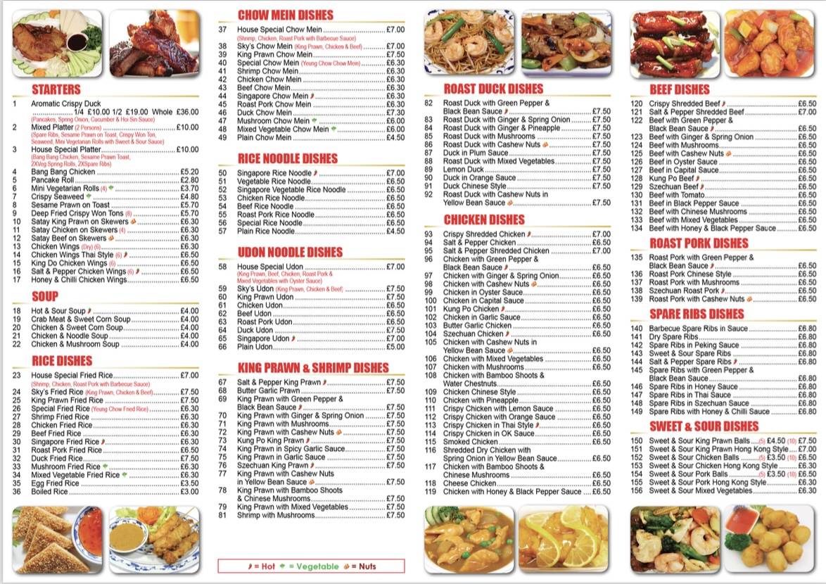 Menu at Sky Chinese Takeaway pub & bar, Burnham-on-Sea