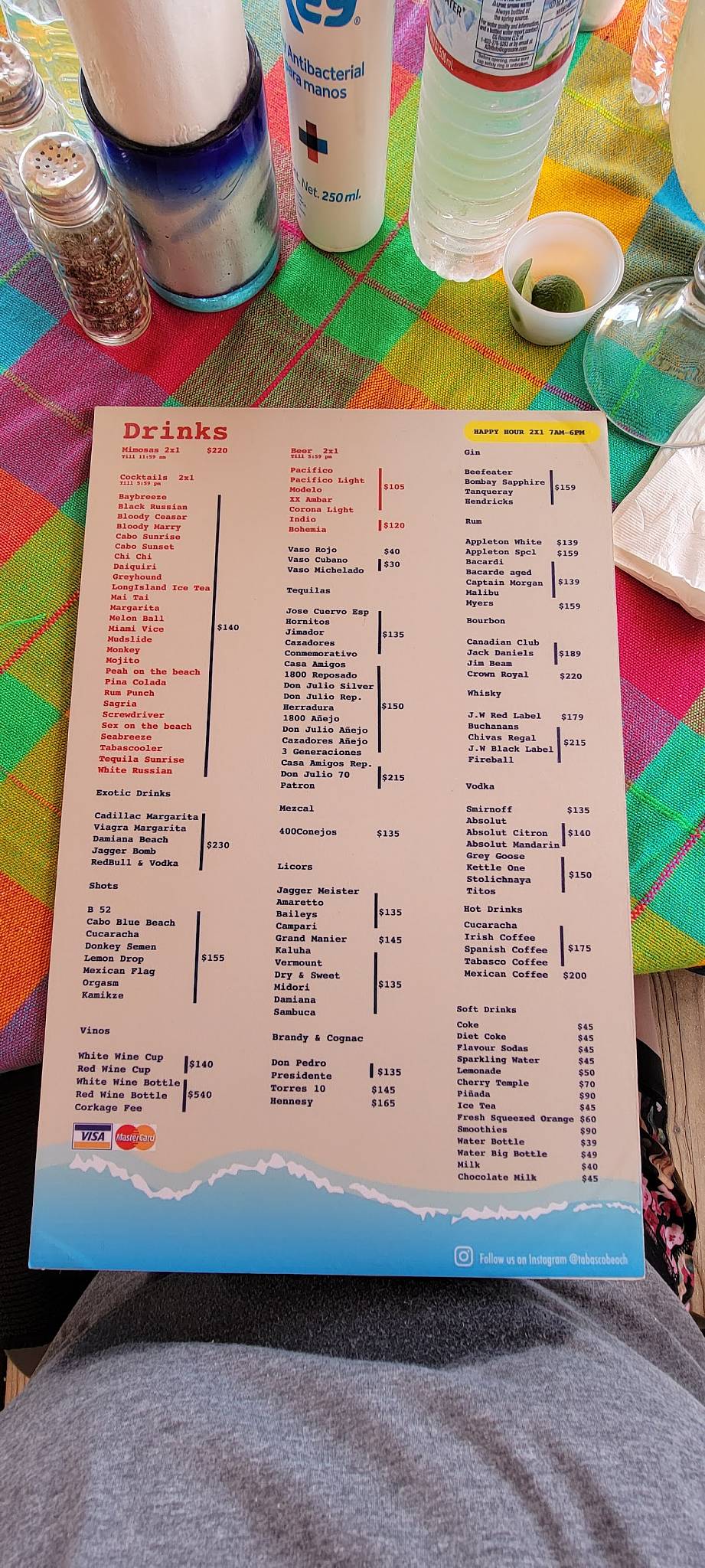 Menu at Tabasco Beach pub & bar, Cabo San Lucas