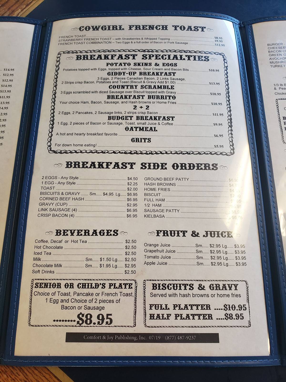 Menu at Cowgirl Cafe, Nipomo