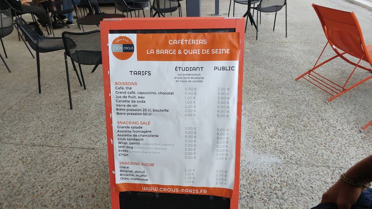 Menu au La Barge du CROUS de Paris, Paris, Quai François Mauriac