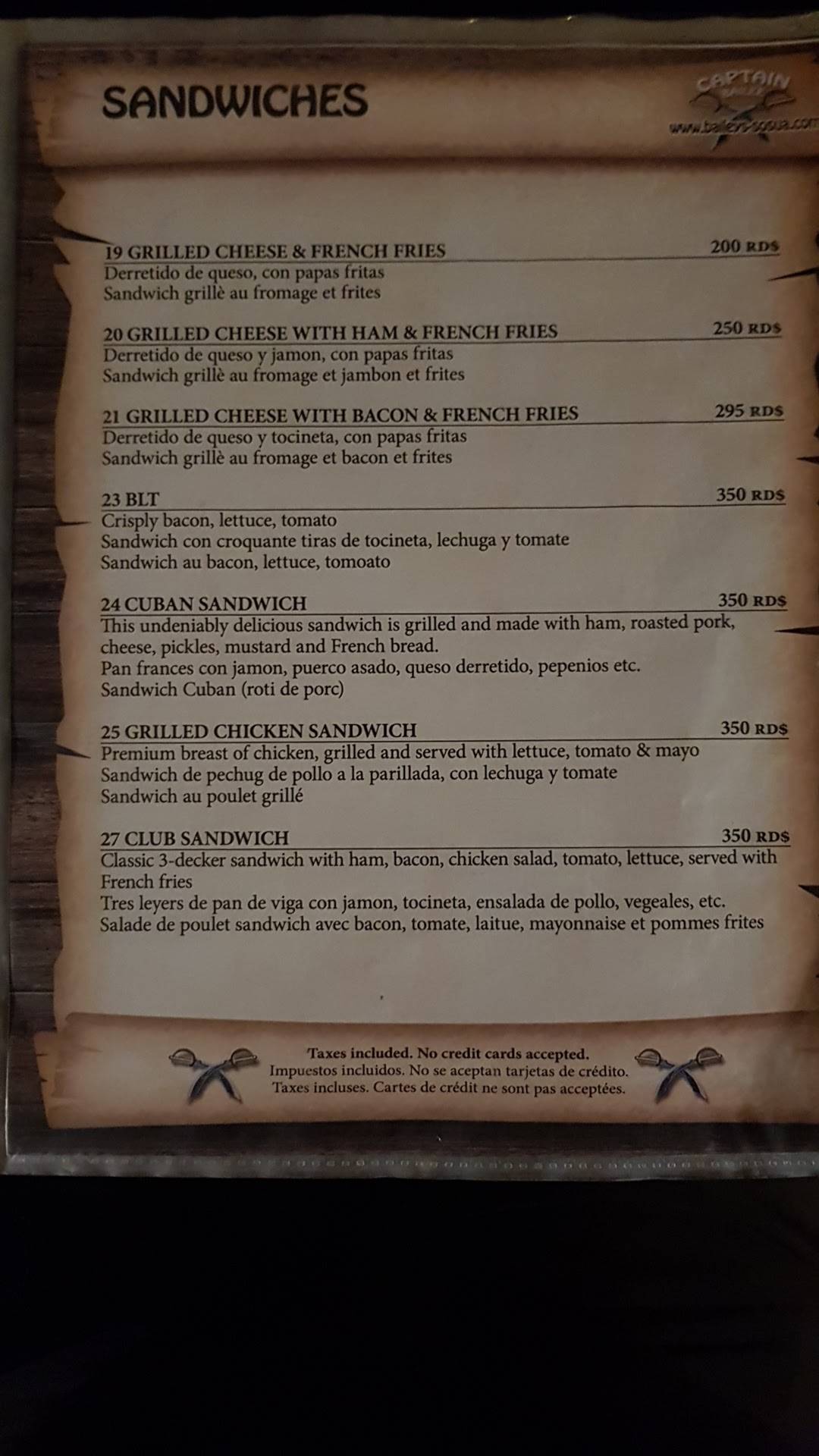 Menu at Captain Bailee restaurant, Sosúa