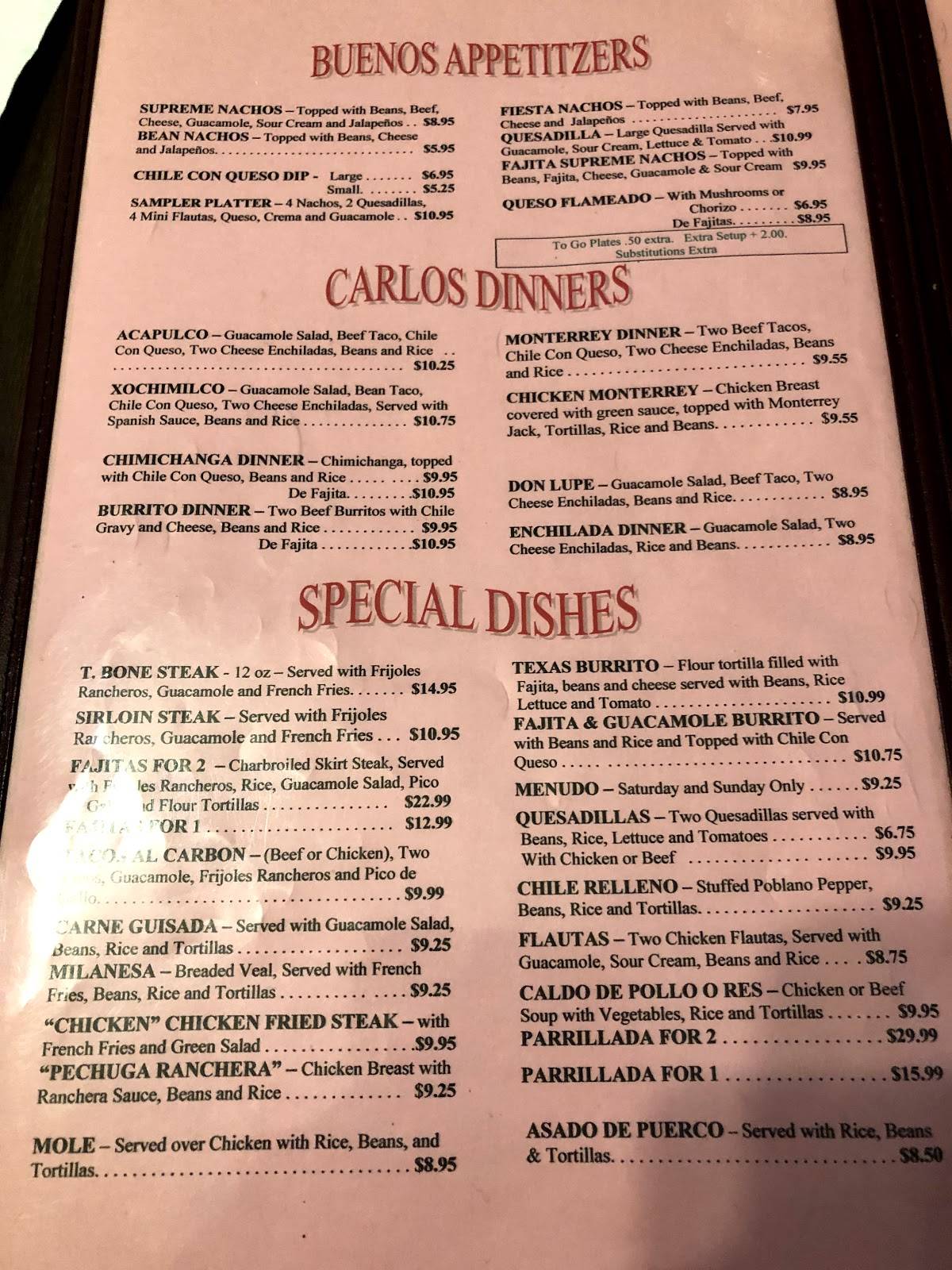 Menu at Carlos Mexican Restaurant, Houston, Aldine Mail Rte Rd