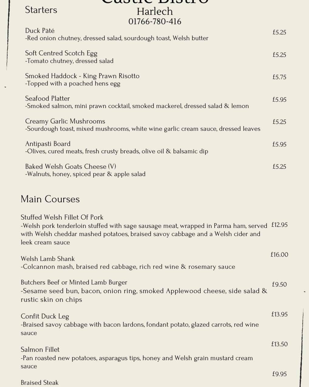 Menu at Castle Bistro Harlech restaurant, Harlech