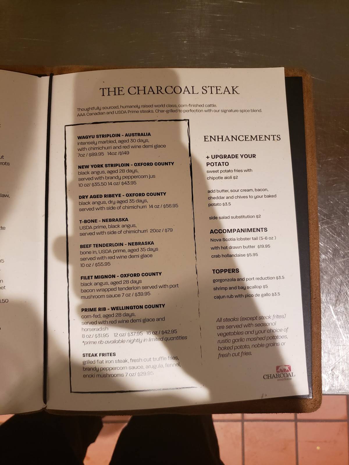 Menu at Charcoal Steak House steakhouse, Kitchener