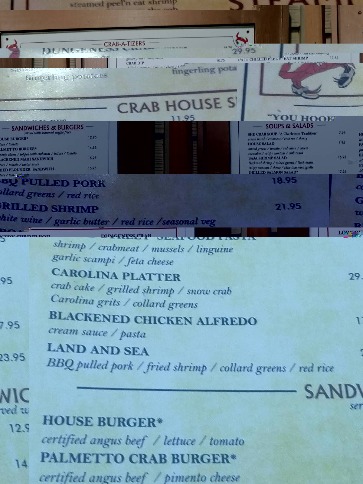 Menu at Charleston Crab House steakhouse, Charleston, 145 Wappoo Creek Dr