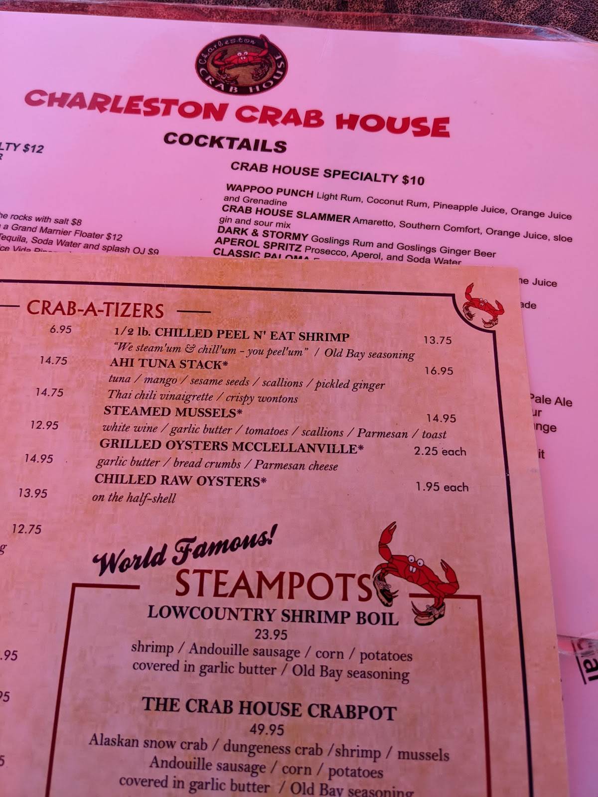 Menu at Charleston Crab House steakhouse, Charleston, 145 Wappoo Creek Dr