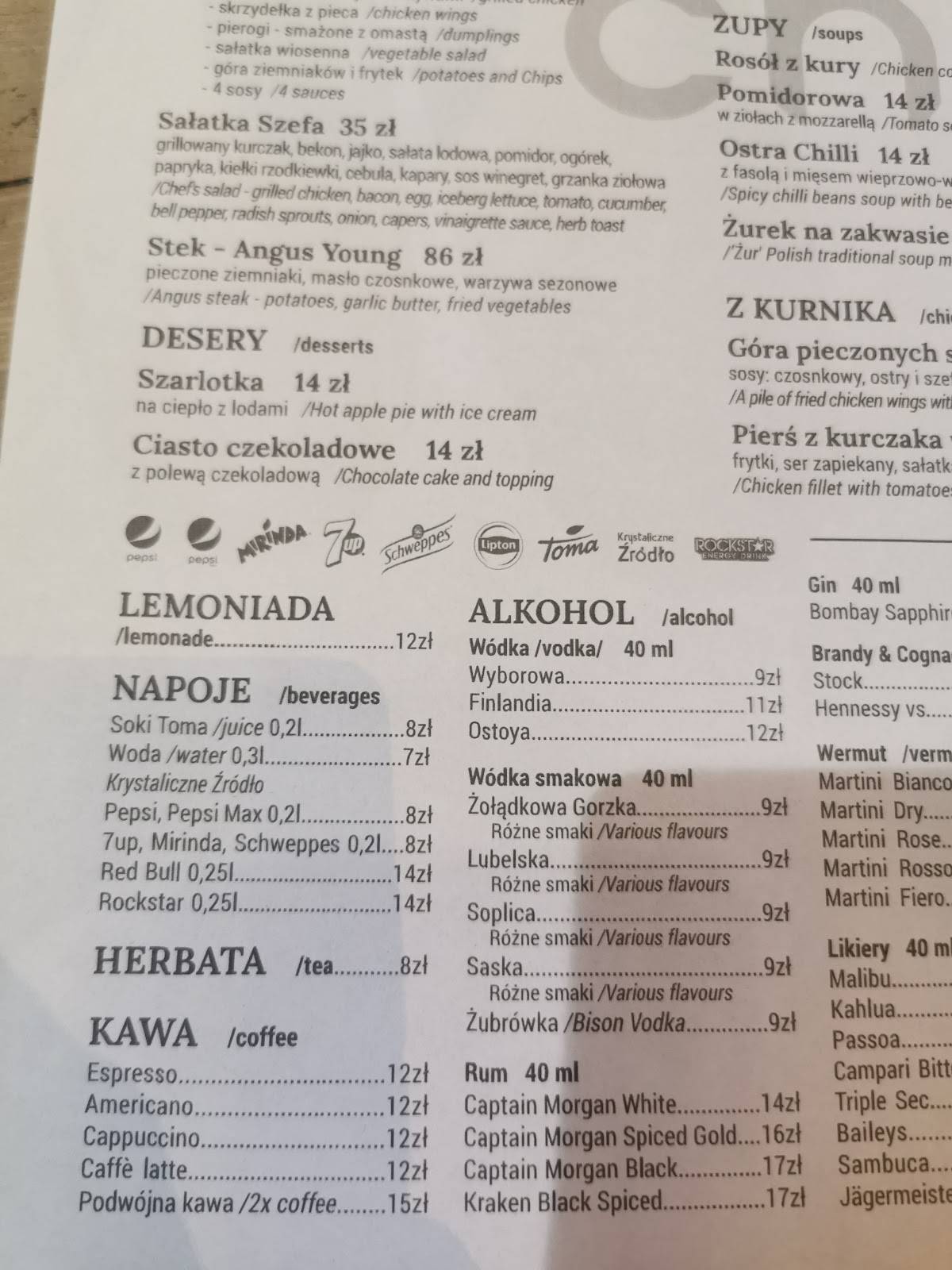 Menu at Chopper Bar & Grill, Wrocław