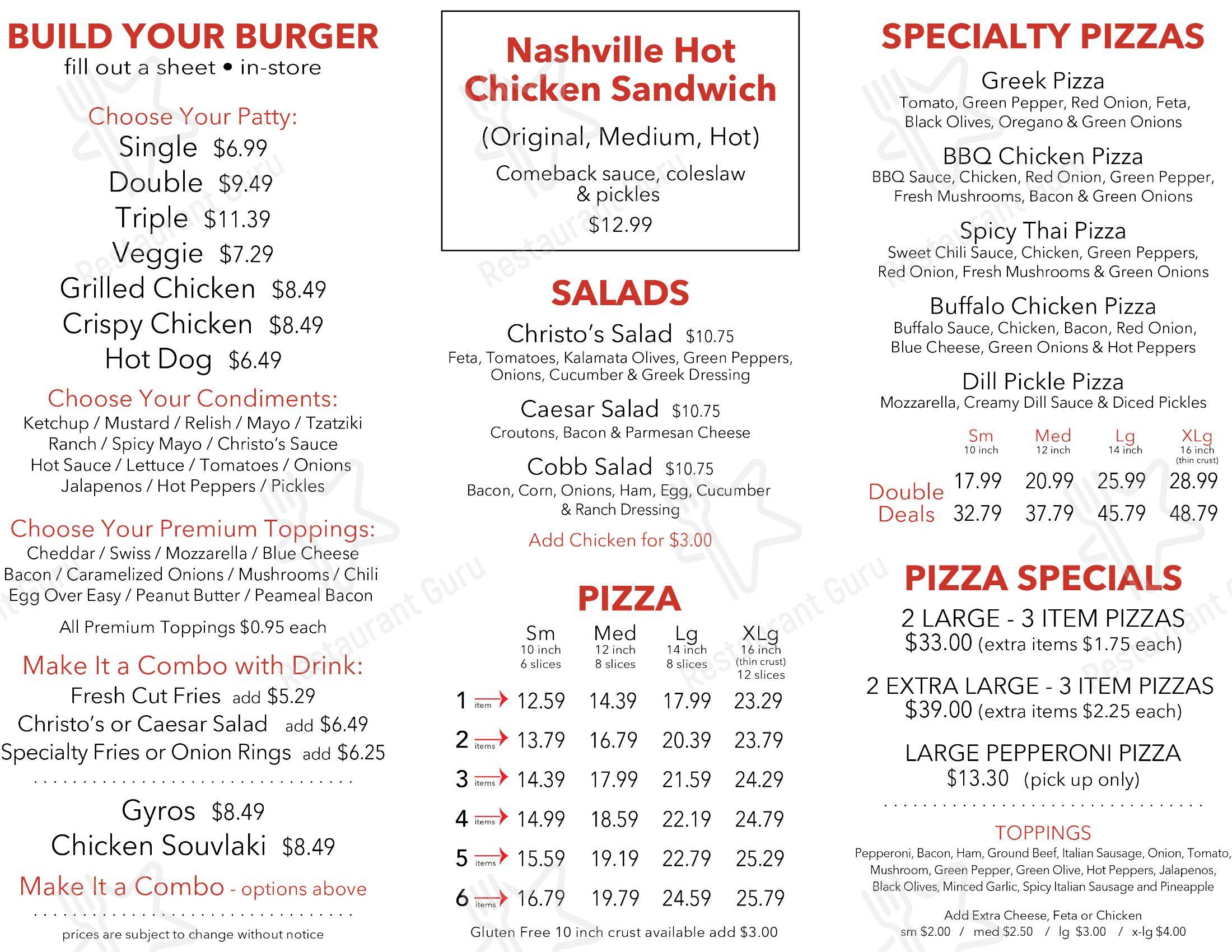 Menu at Christo's Pizza & Burgers pizzeria, Sarnia, 415 Exmouth St